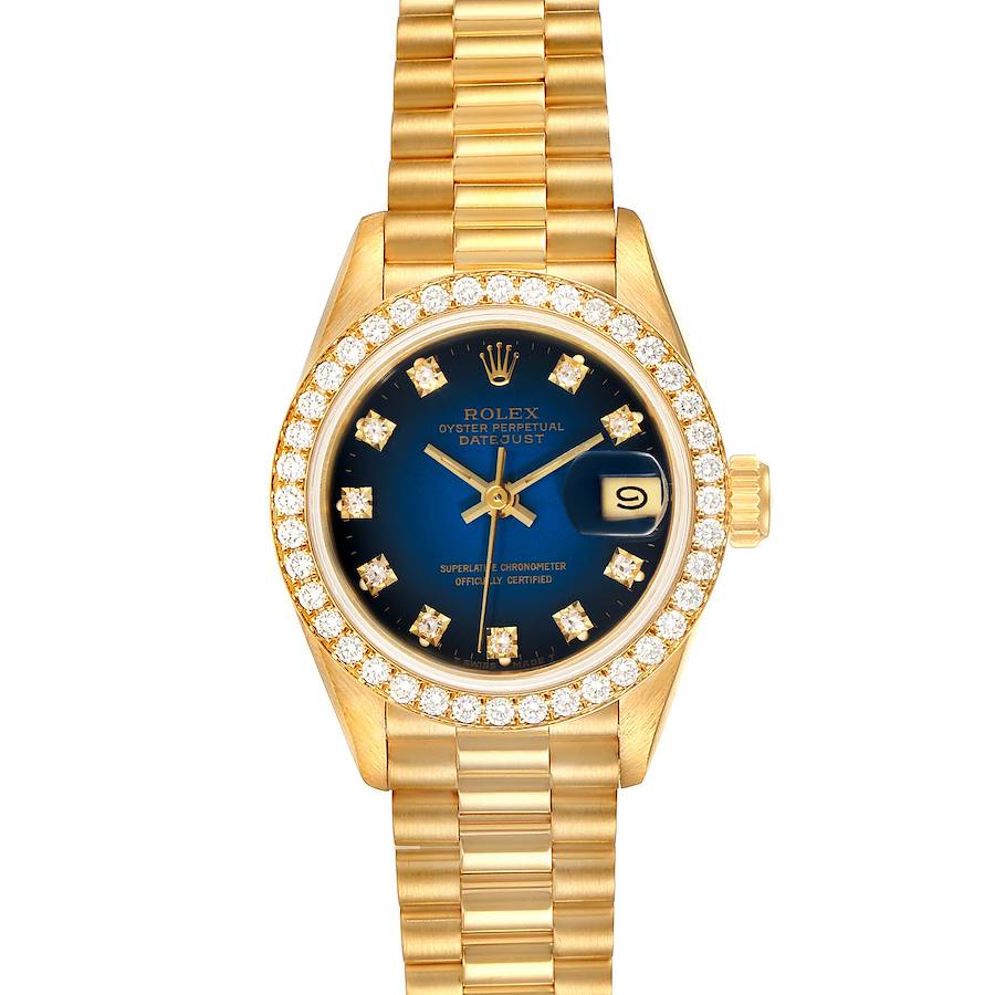 Rolex President Yellow Gold Blue Vignette Diamond Ladies Watch 69138 SwissWatchExpo