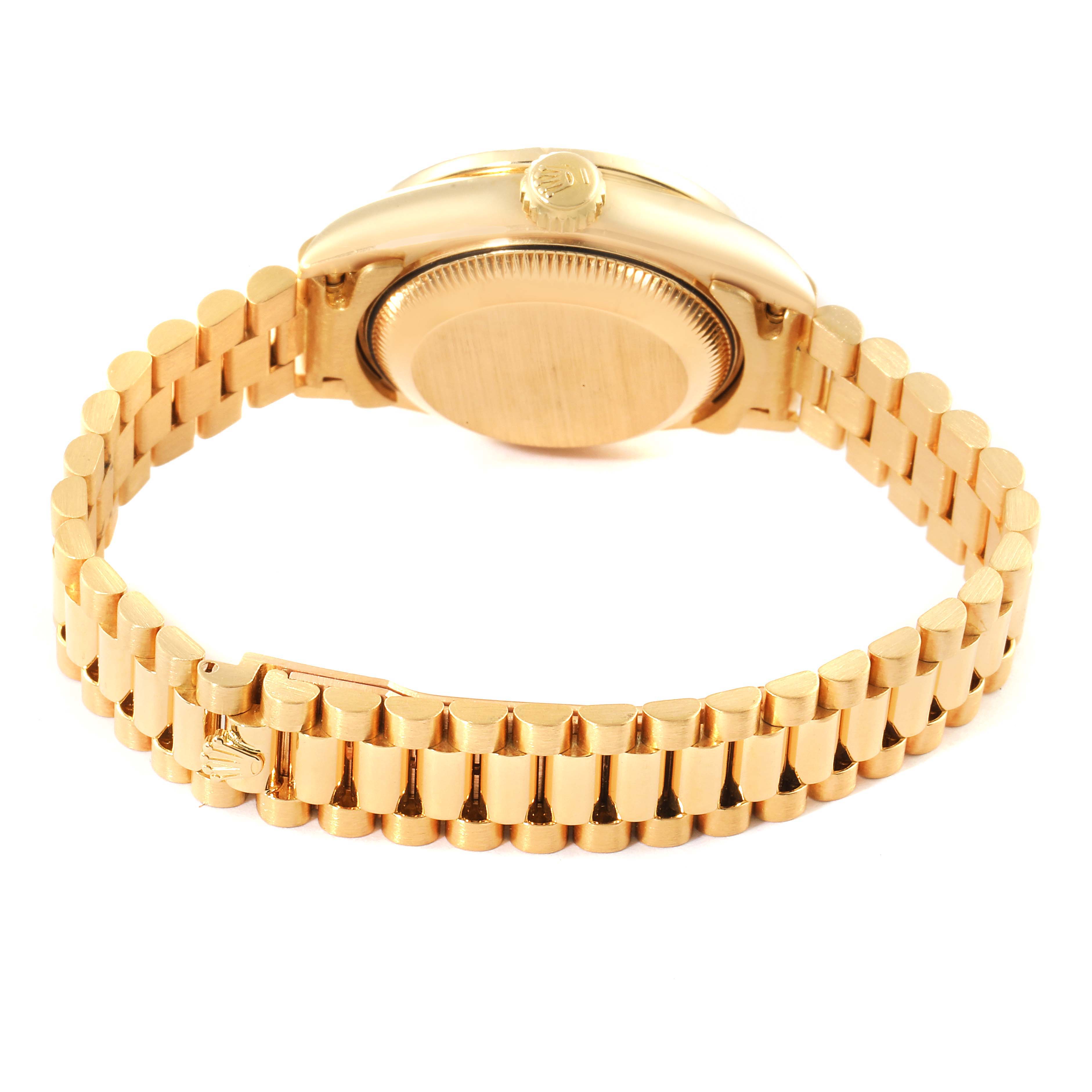 The image shows a rear view of a Rolex President 69138 Women's Yellow Gold Blue Dial 69138 Women's Yellow Gold Blue Dial model watch, highlighting the bracelet and case back.