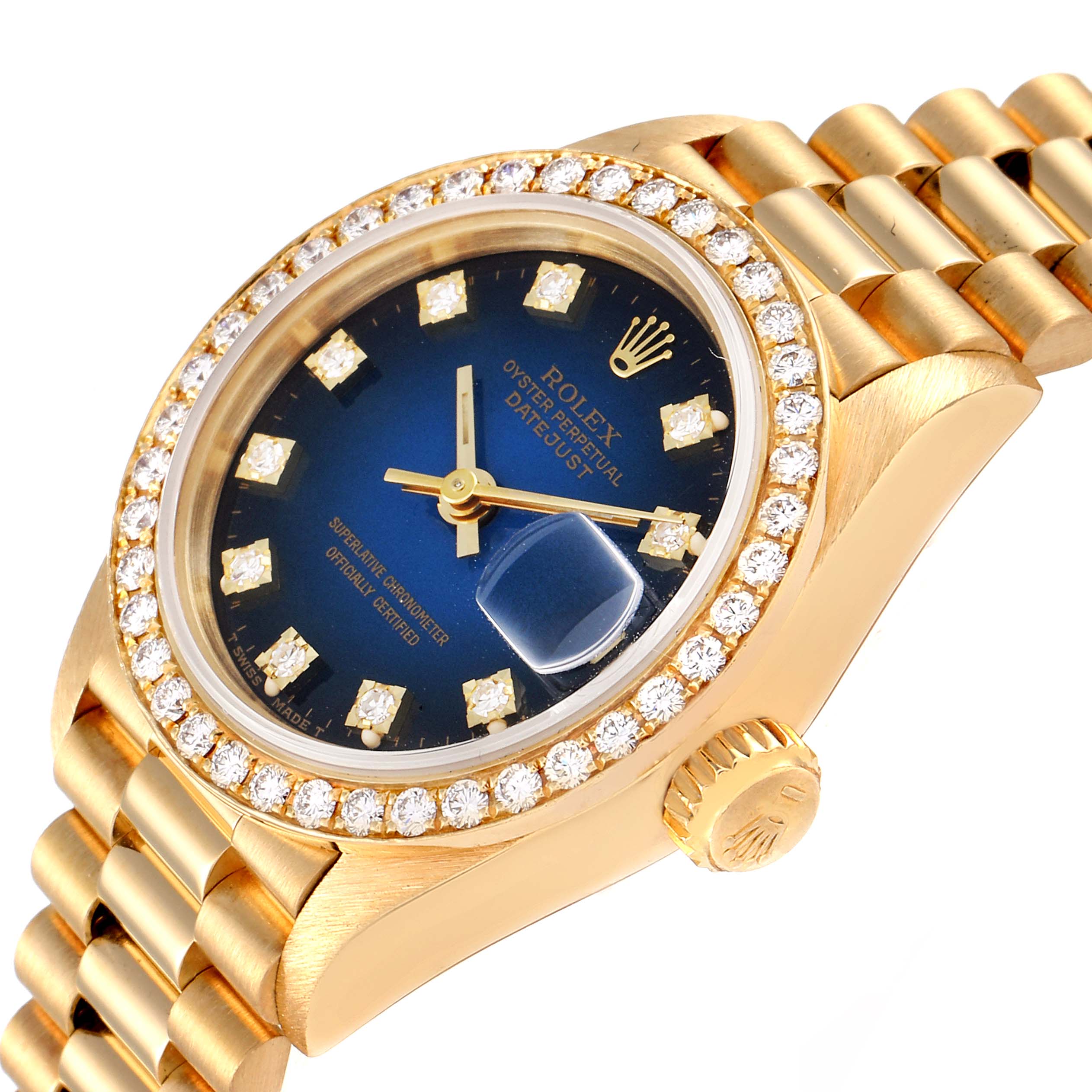This image shows a slightly angled view of a Rolex President 69138 Women's Yellow Gold Blue Dial 69138 Women's Yellow Gold Blue Dial model watch, highlighting the dial, bezel, and part of the bracelet.