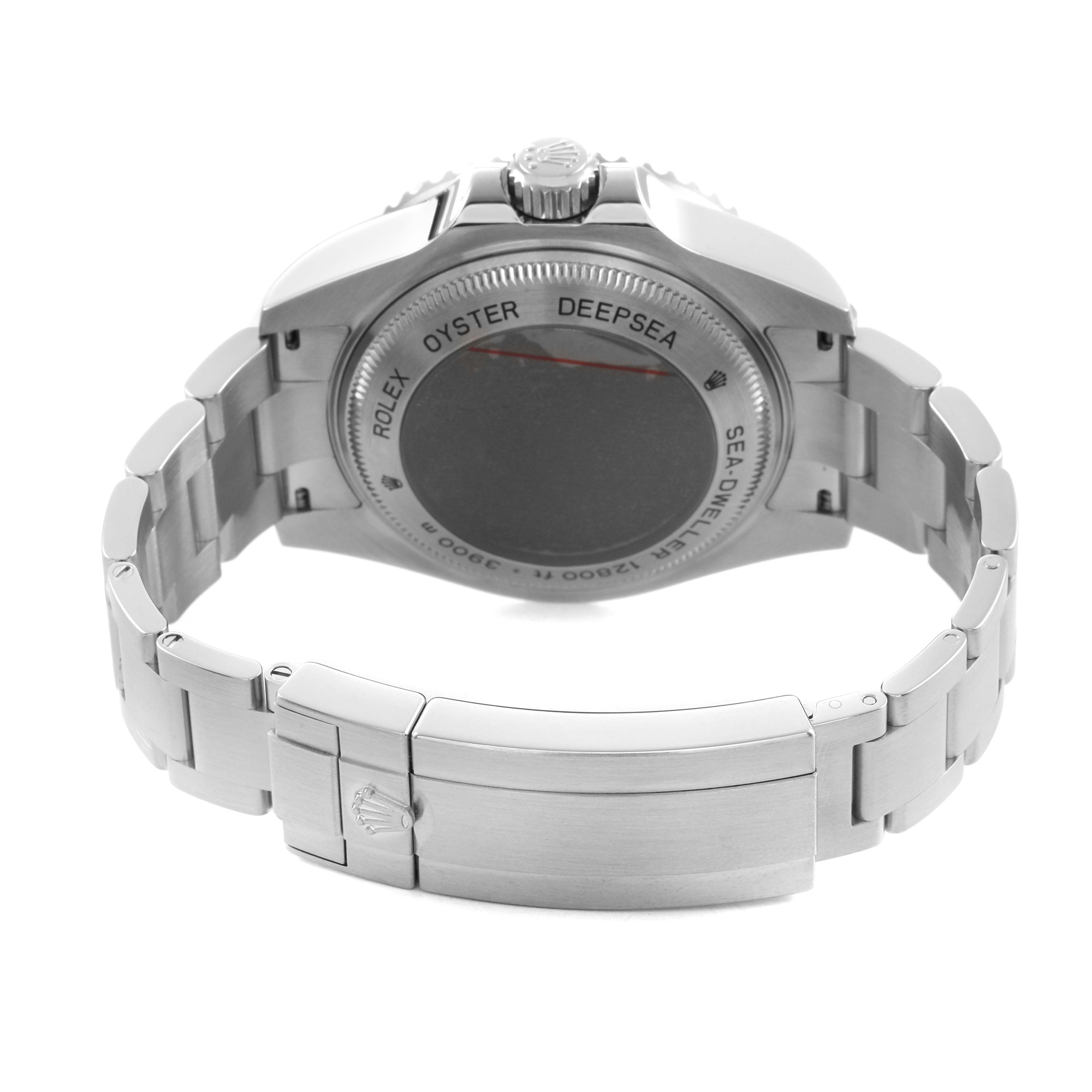 The Rolex Sea-Dweller 116660 Men's Stainless Steel Black Dial watch is shown from the back angle, highlighting the bracelet, clasp, and engraved case back.