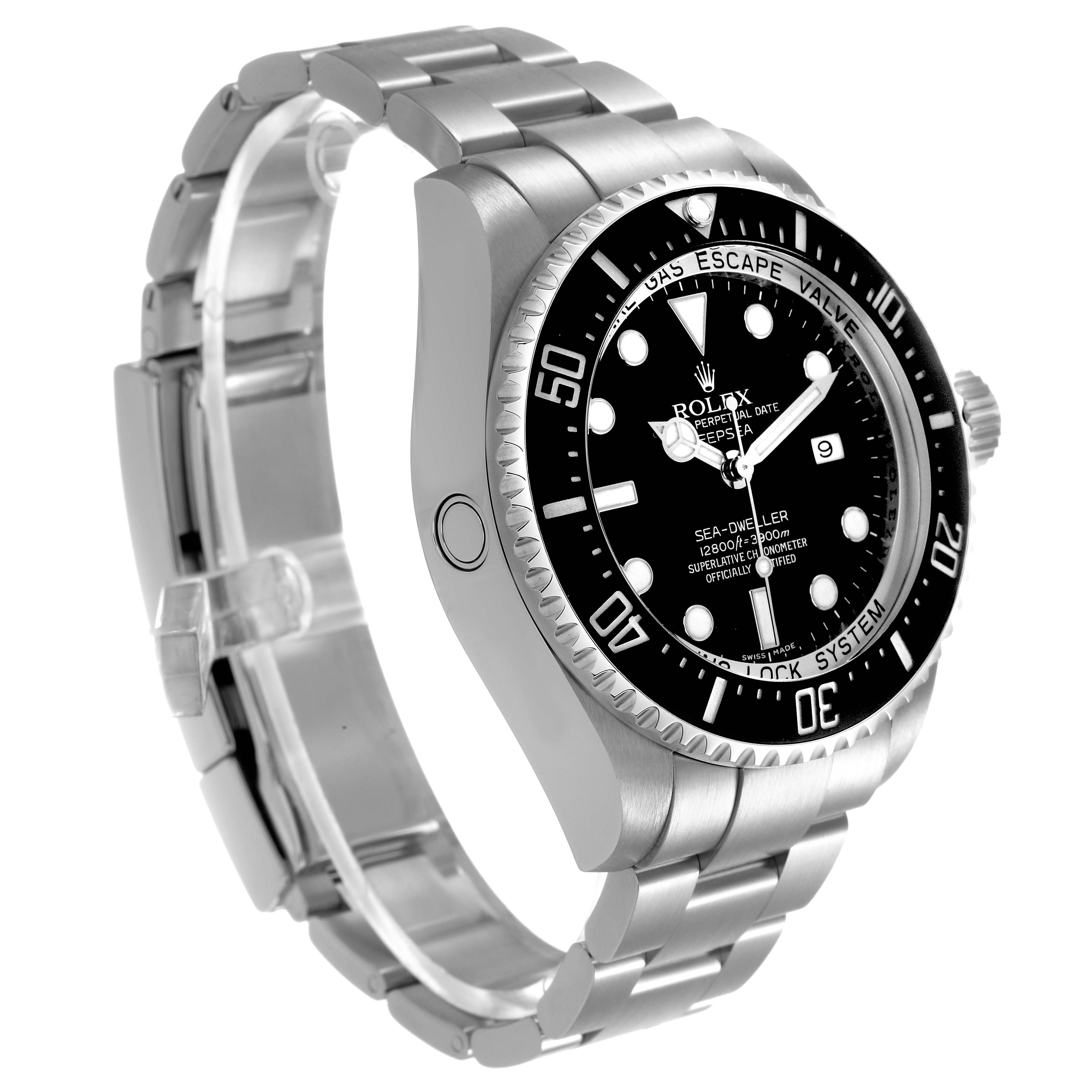 The Rolex Sea-Dweller 116660 Men's Stainless Steel Black Dial watch is shown at a three-quarter angle, highlighting the bezel, dial, and bracelet.