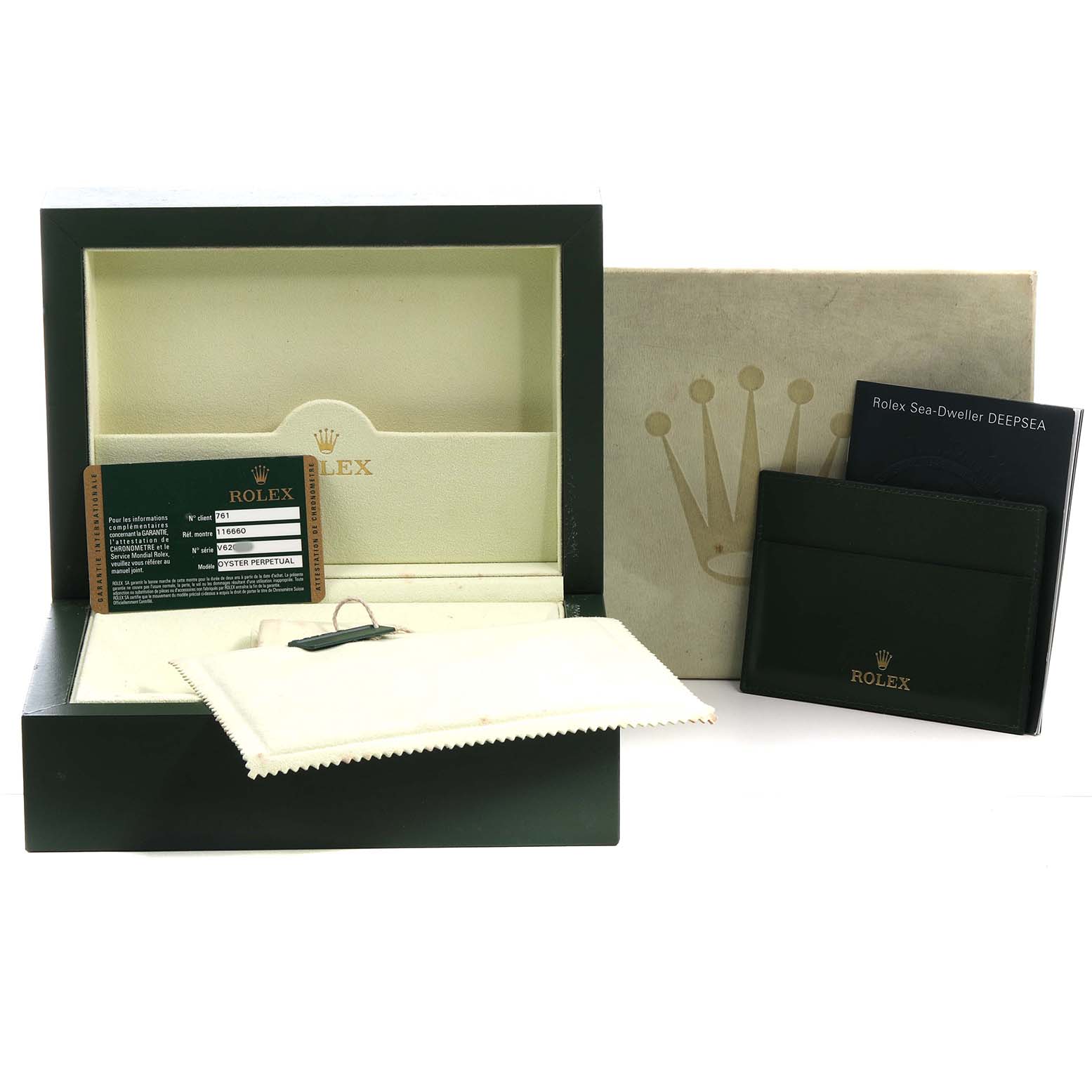 The image shows a Rolex Sea-Dweller 116660 Men's Stainless Steel Black Dial watch box, warranty card, card holder, and cleaning cloth.
