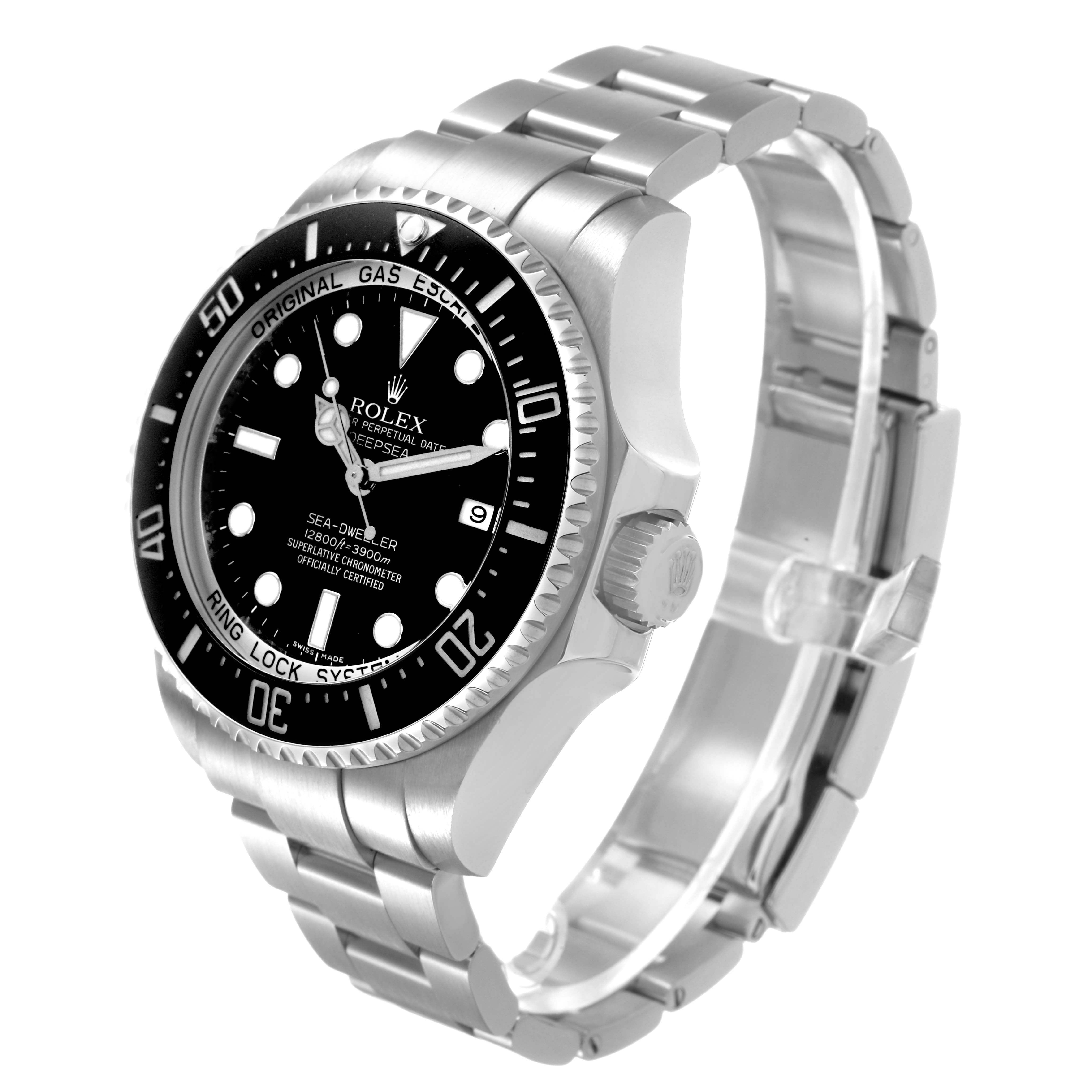 The Rolex Sea-Dweller 116660 Men's Stainless Steel Black Dial watch is shown at a three-quarter angle, highlighting the bezel, dial, crown, and bracelet.