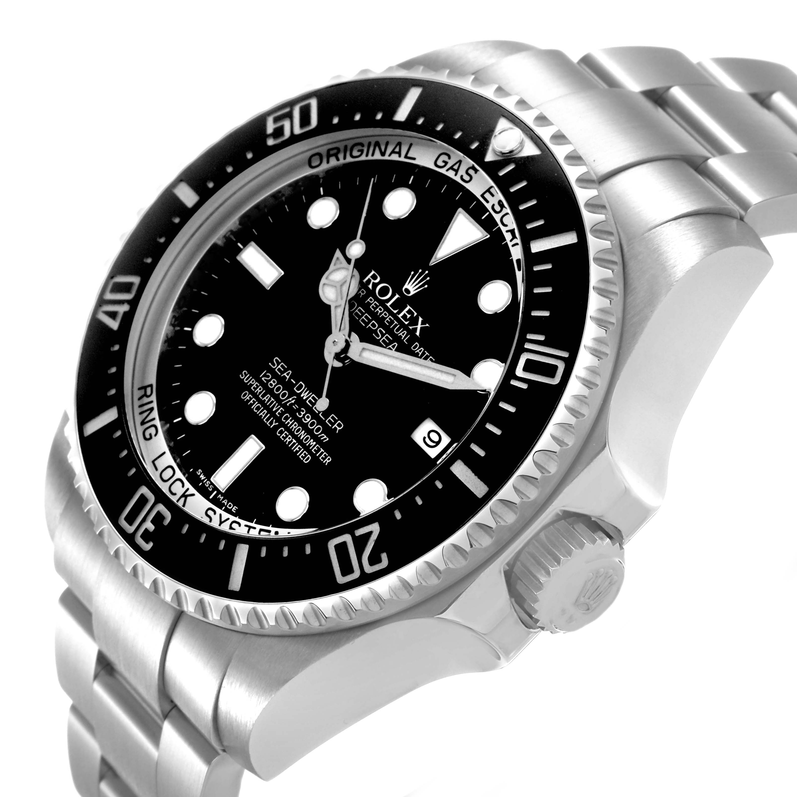The Rolex Sea-Dweller 116660 Men's Stainless Steel Black Dial watch is shown at a slight side angle, highlighting the bezel, dial, crown, and bracelet.