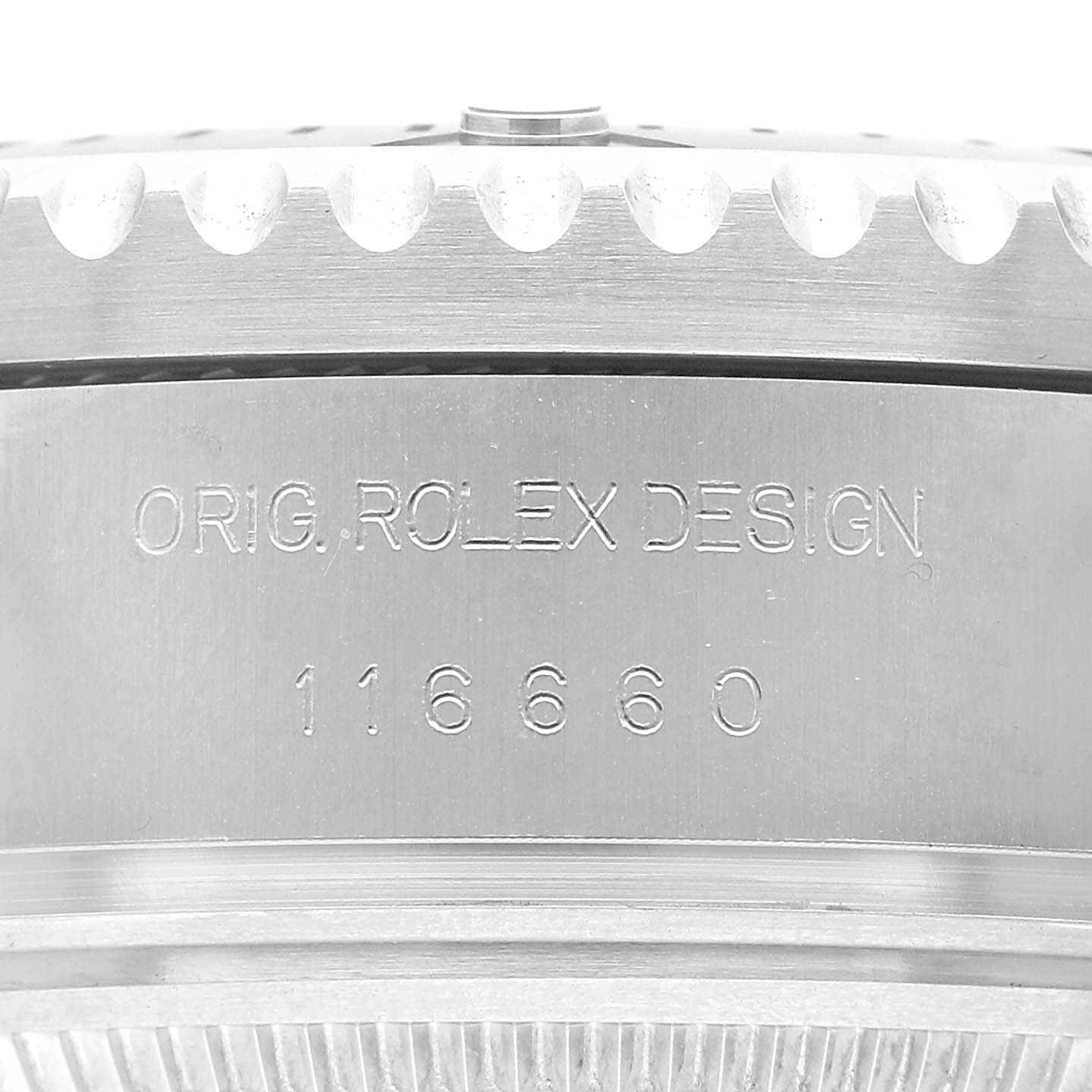 The image shows the side view of a Rolex Sea-Dweller 116660 Men's Stainless Steel Black Dial, highlighting the engraved original design and model number 116660 on the case.