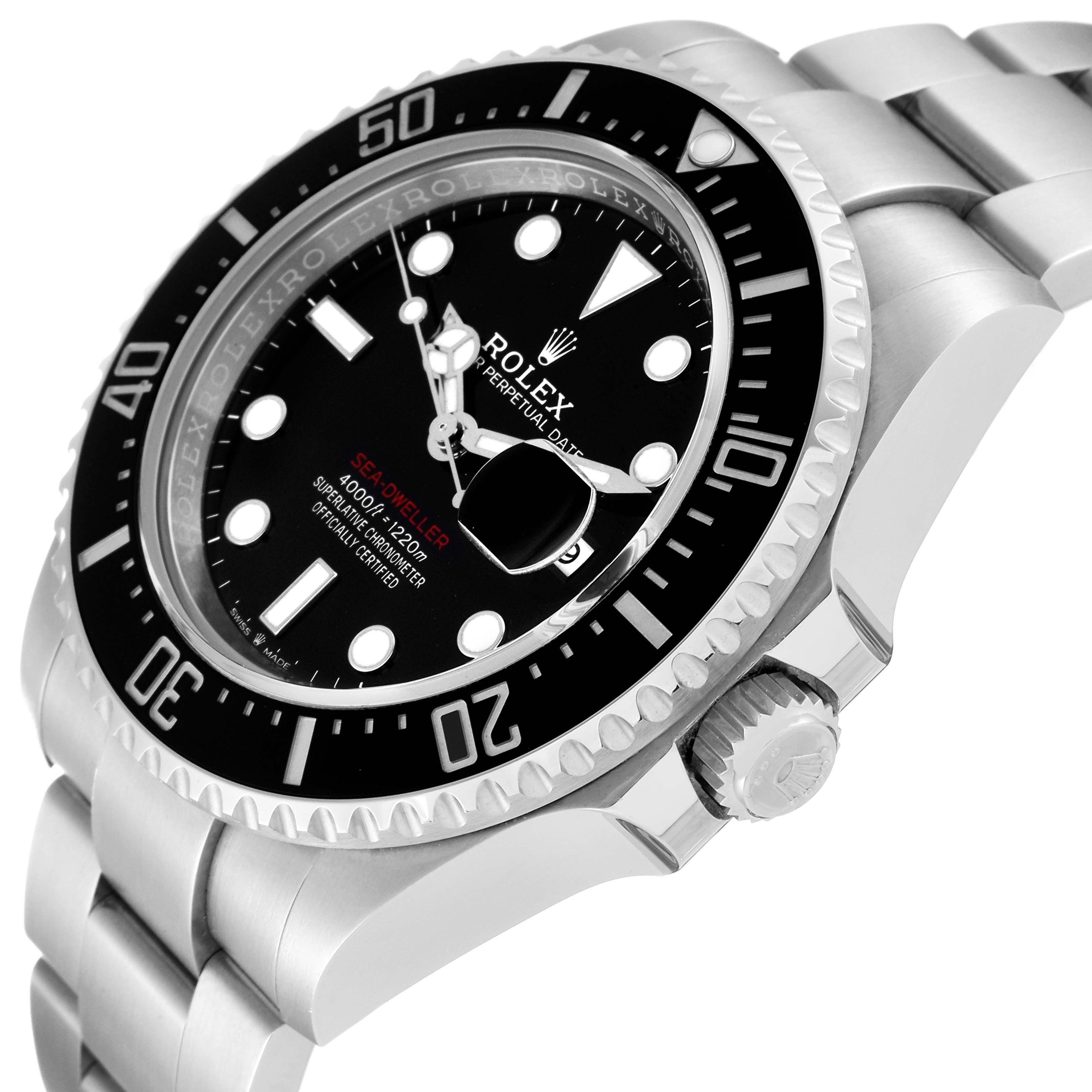 This image shows a side view of the Rolex Sea-Dweller 126600 Men's Stainless Steel Black Dial 126600 Men's Stainless Steel Black Dial watch, featuring the bezel, dial, crown, and part of the bracelet.