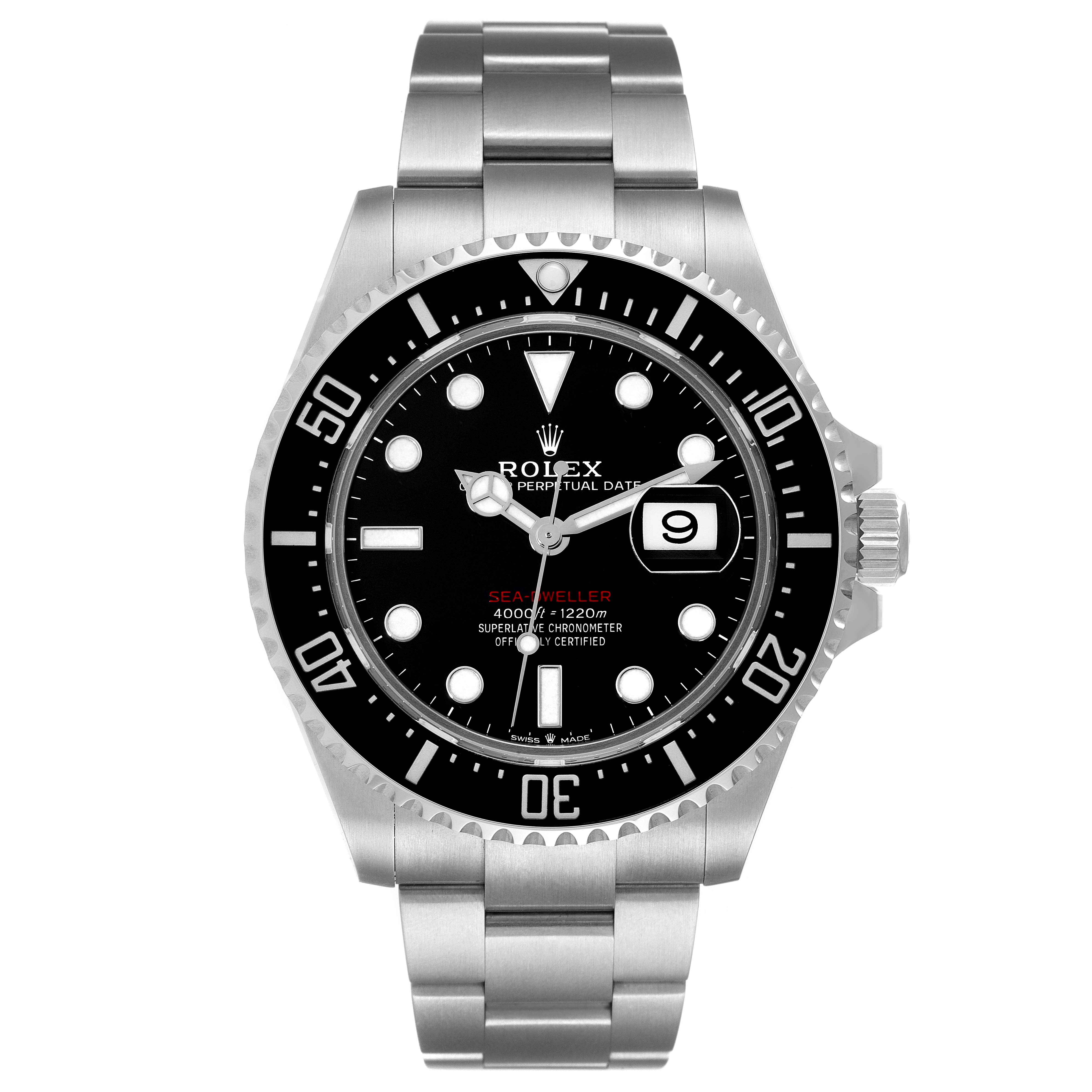 The image shows a front view of the Rolex Sea-Dweller 126600 Men's Stainless Steel Black Dial 126600 Men's Stainless Steel Black Dial watch, highlighting its dial, bezel, and bracelet.