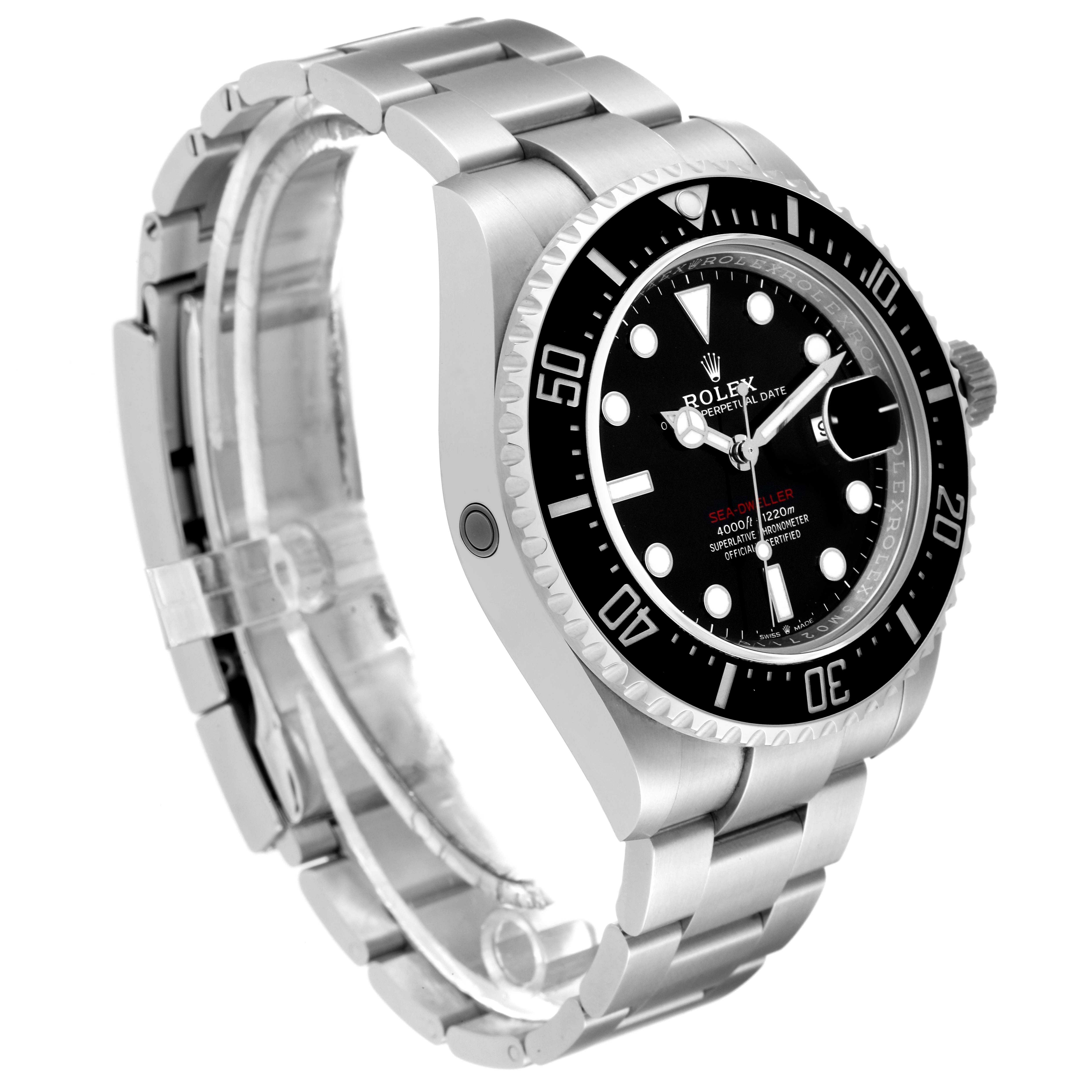 The image shows a side angle of a Rolex Sea-Dweller 126600 Men's Stainless Steel Black Dial 126600 Men's Stainless Steel Black Dial watch, displaying the bezel, dial, crown, and part of the metal bracelet.