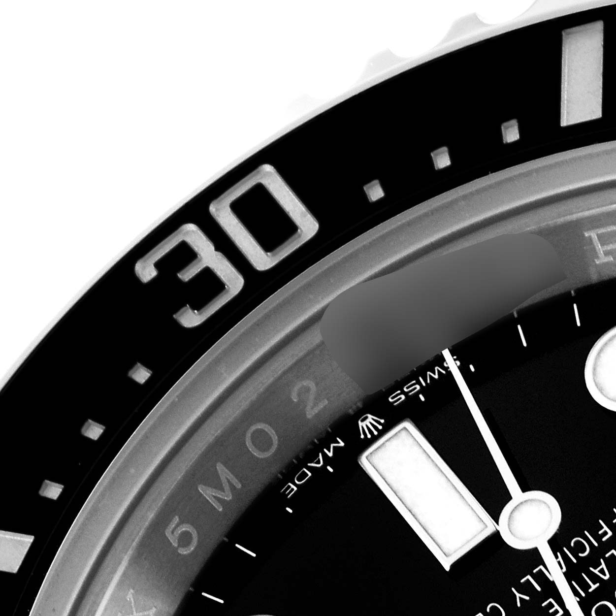 The image shows a close-up of the Rolex Sea-Dweller 126600 Men's Stainless Steel Black Dial 126600 Men's Stainless Steel Black Dial model, highlighting the bezel and part of the dial with the "30" minute marker.