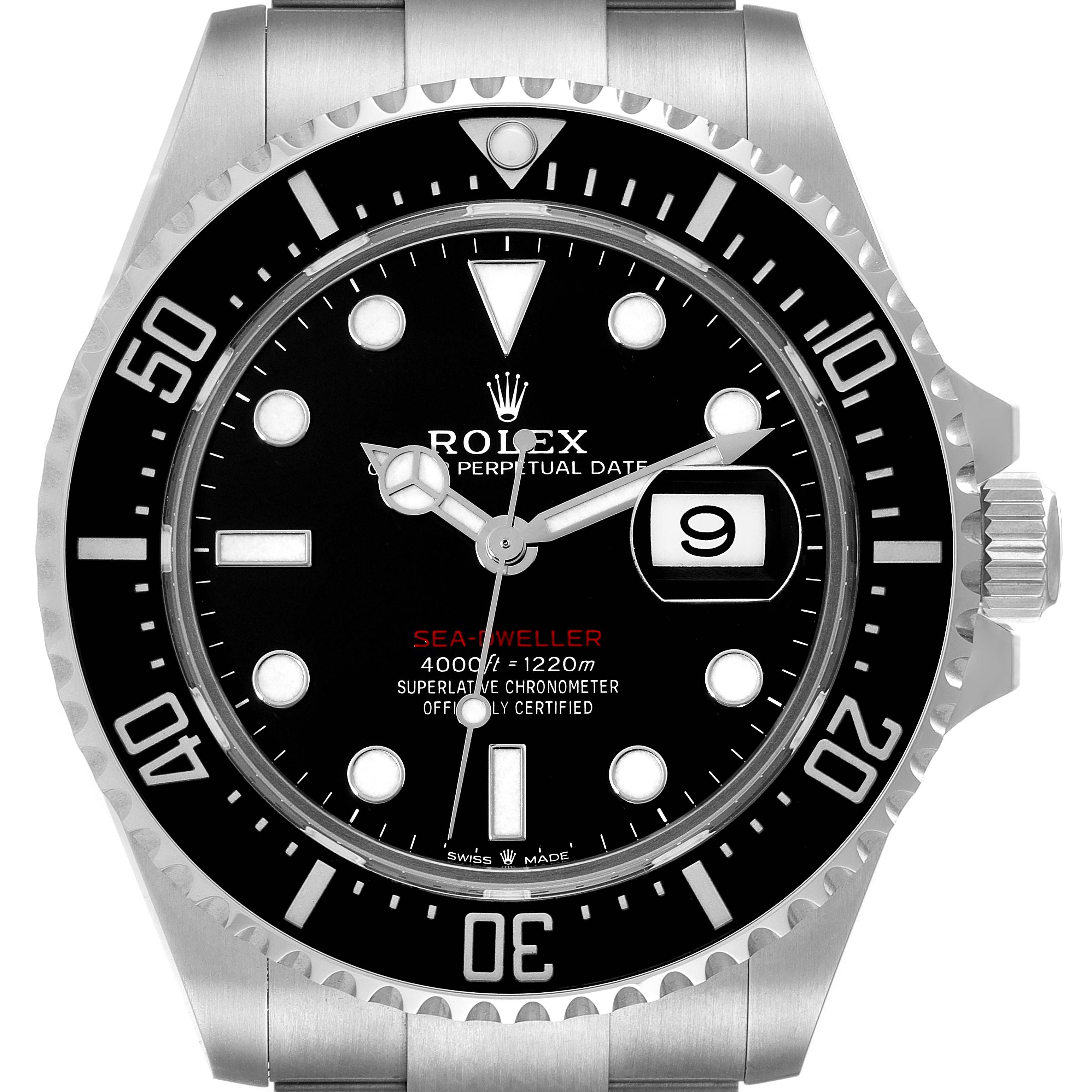 This image shows a front view of the Rolex Sea-Dweller 126600 Men's Stainless Steel Black Dial 126600 Men's Stainless Steel Black Dial watch, focusing on the dial, bezel, and part of the bracelet.