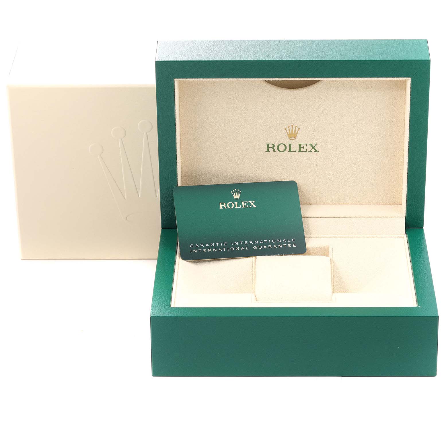 The image shows the open box, inner packaging, and international warranty card of a Rolex Sea-Dweller 126600 Men's Stainless Steel Black Dial 126600 Men's Stainless Steel Black Dial watch.