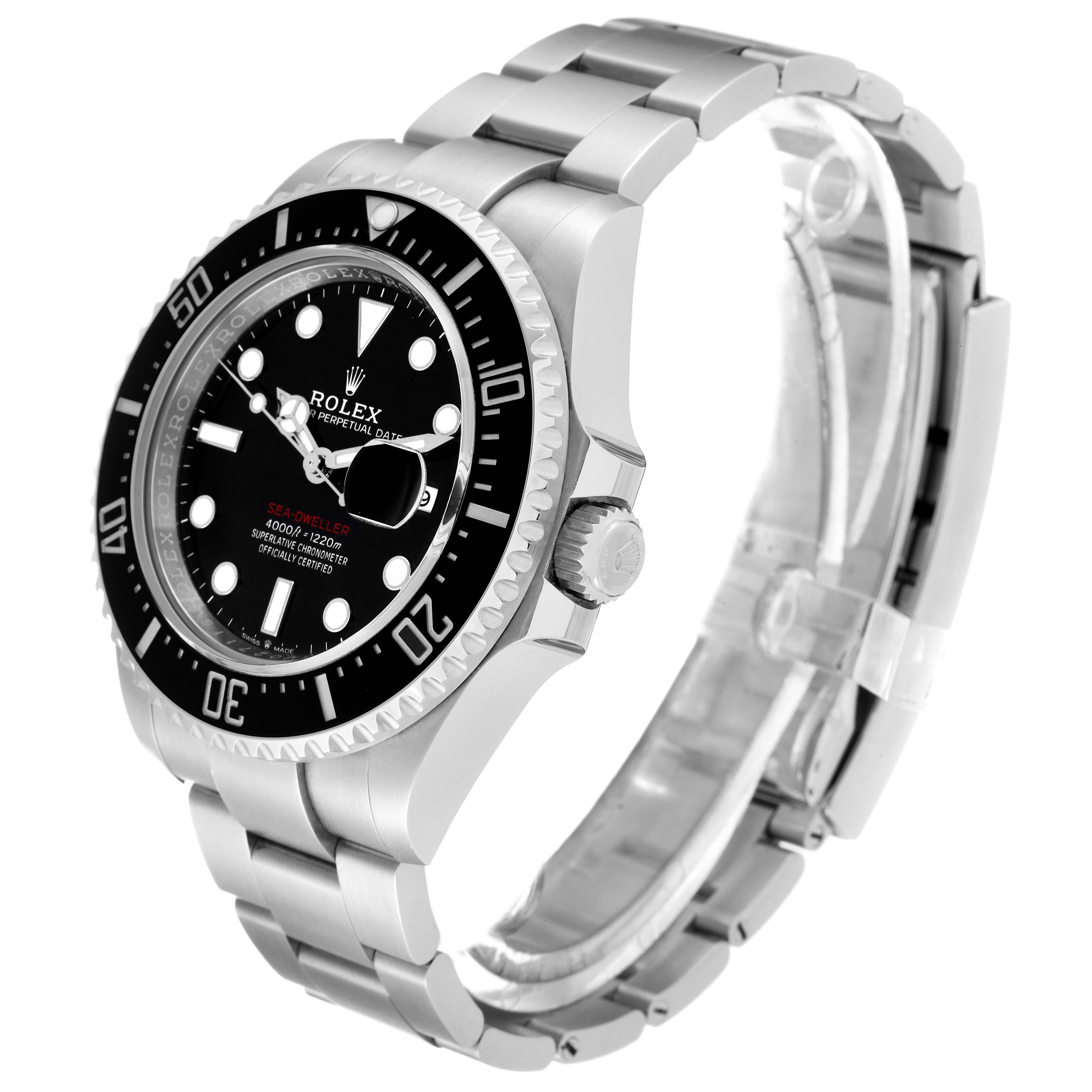 The image displays a Rolex Sea-Dweller 126600 Men's Stainless Steel Black Dial 126600 Men's Stainless Steel Black Dial watch from a front-left angle, showcasing the face, bezel, crown, and bracelet.