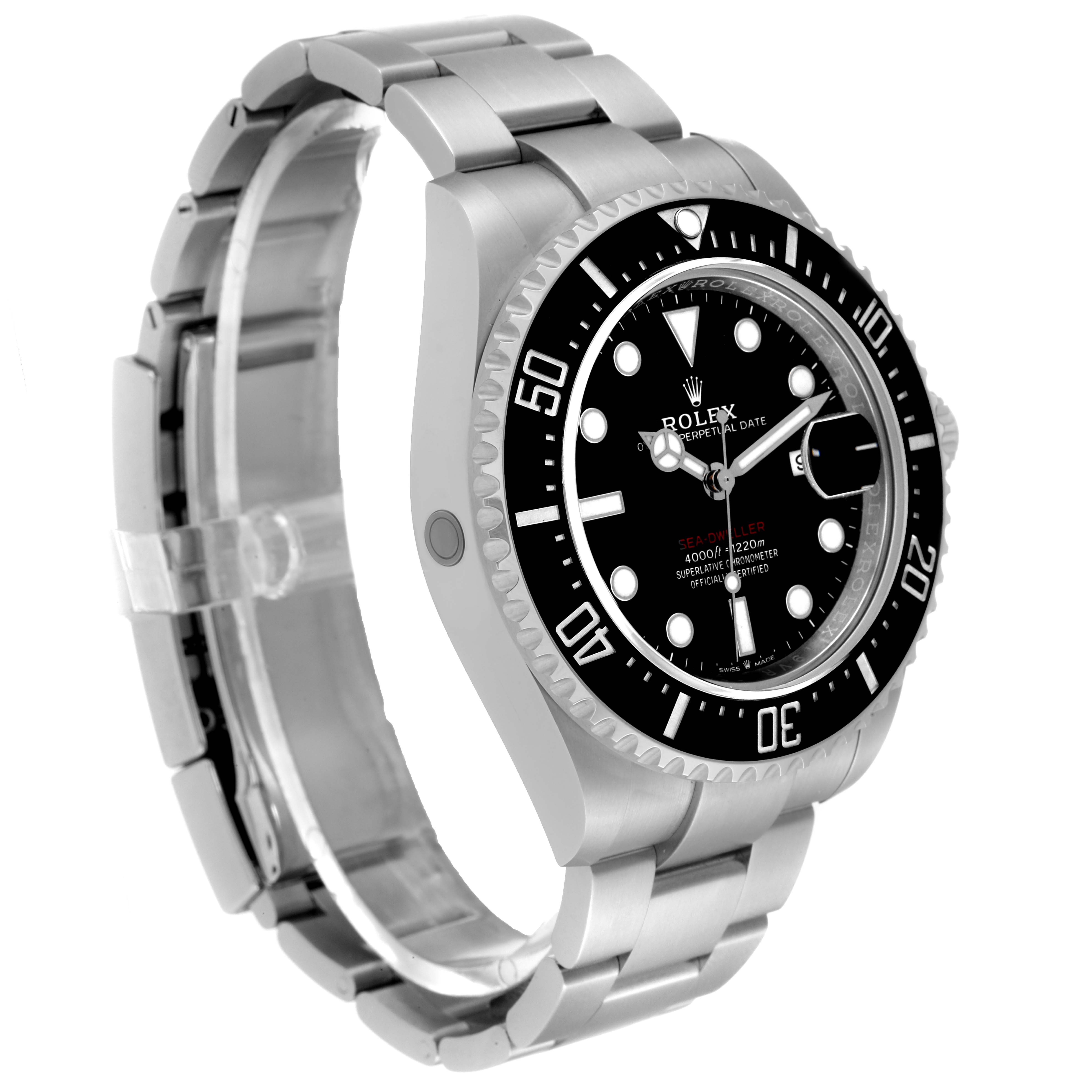 The image shows a Rolex Sea-Dweller 126600 Men's Stainless Steel Black Dial 126600 Men's Stainless Steel Black Dial watch in a perspective angle, highlighting the face, bezel, and bracelet.