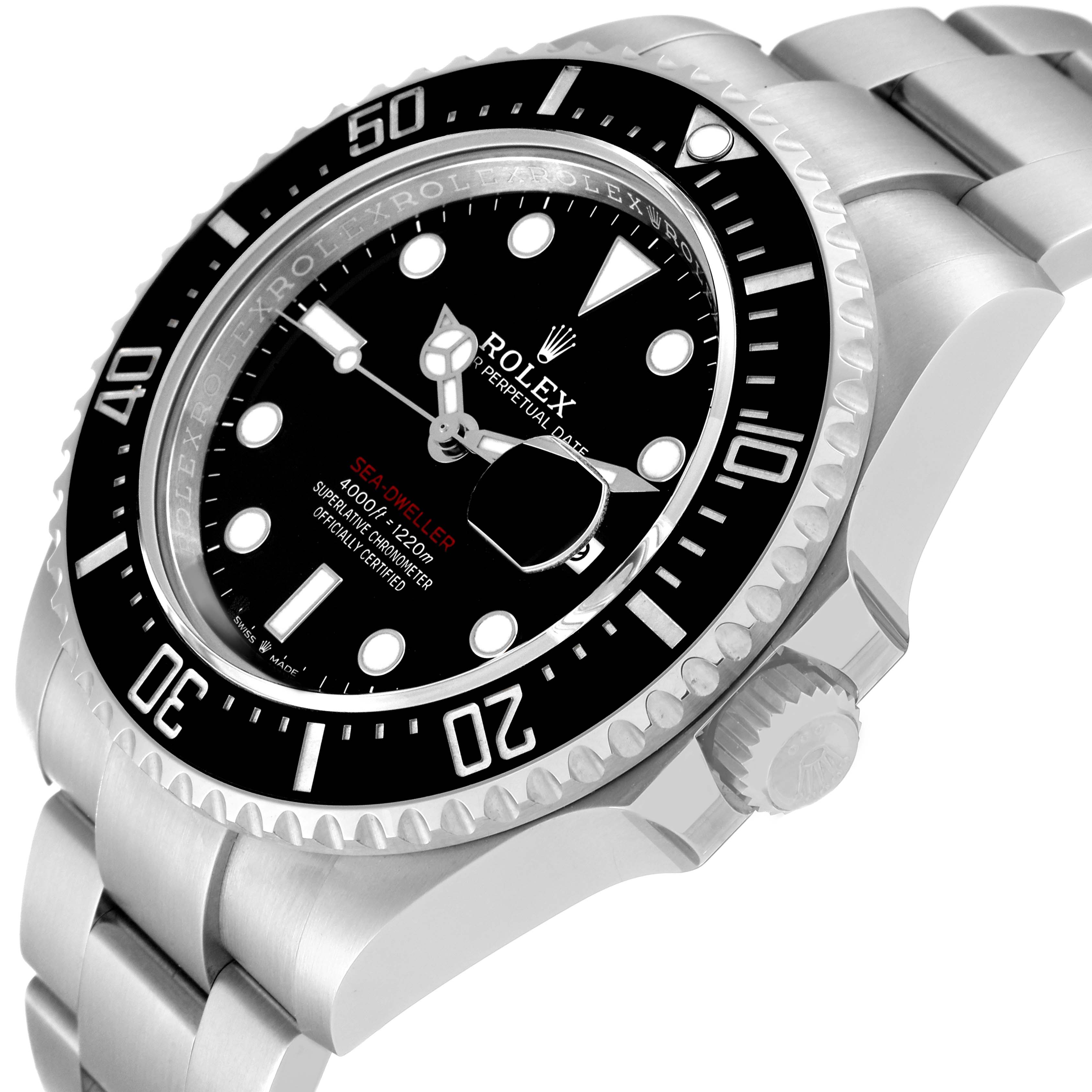 The image shows a close-up angle of the Rolex Sea-Dweller 126600 Men's Stainless Steel Black Dial 126600 Men's Stainless Steel Black Dial watch, highlighting the bezel, dial, crown, and part of the bracelet.