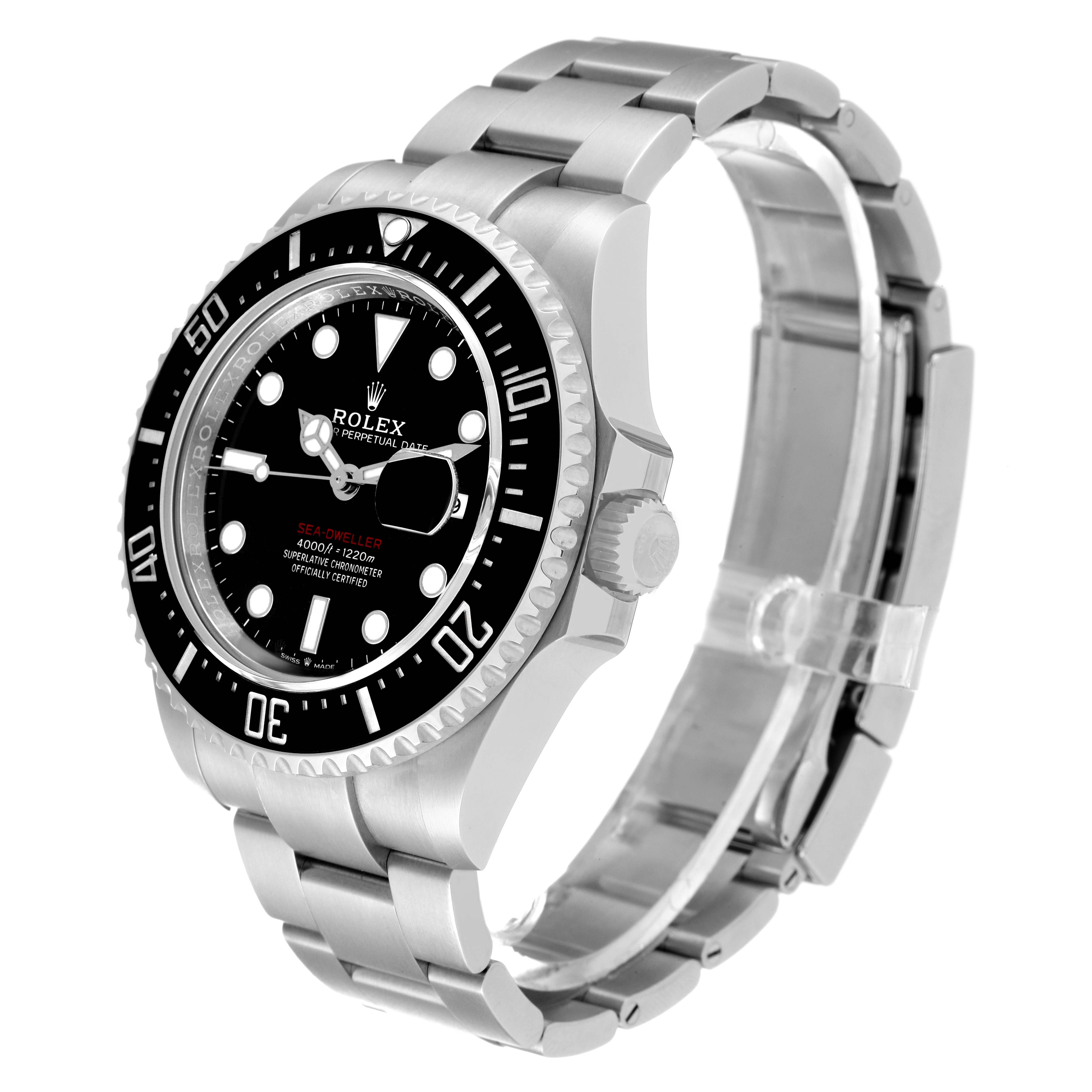 The image shows a side-angle view of the Rolex Sea-Dweller 126600 Men's Stainless Steel Black Dial 126600 Men's Stainless Steel Black Dial watch, displaying its bezel, case, dial, and bracelet.