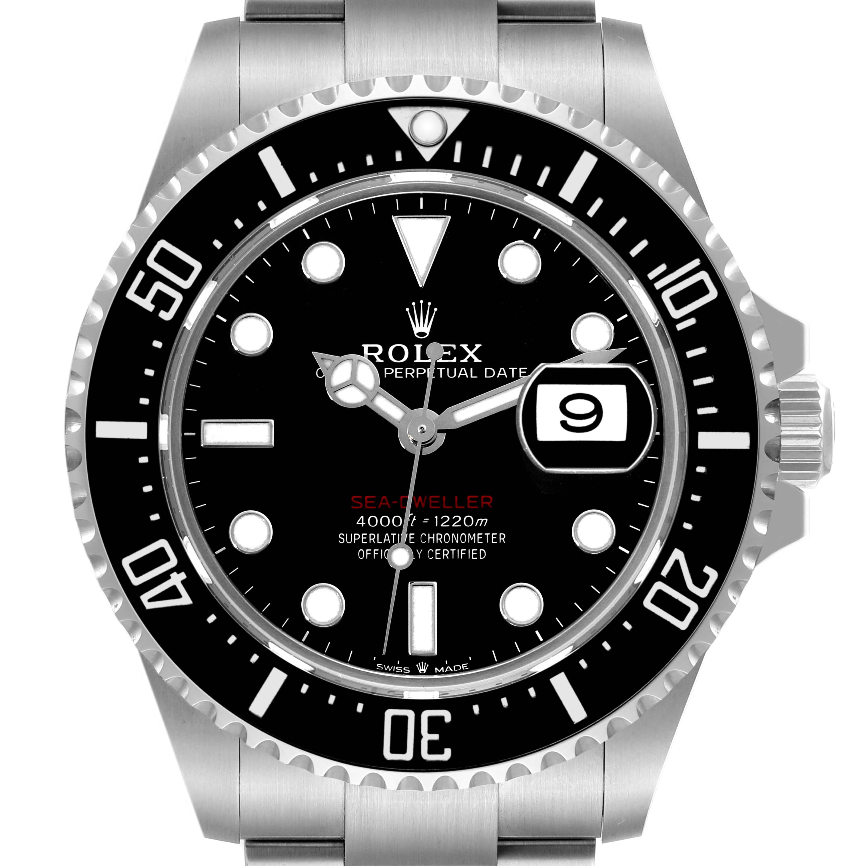 Front view of the Rolex Sea-Dweller 126600 Men's Stainless Steel Black Dial 126600 Men's Stainless Steel Black Dial watch displaying the dial, bezel, and part of the bracelet.