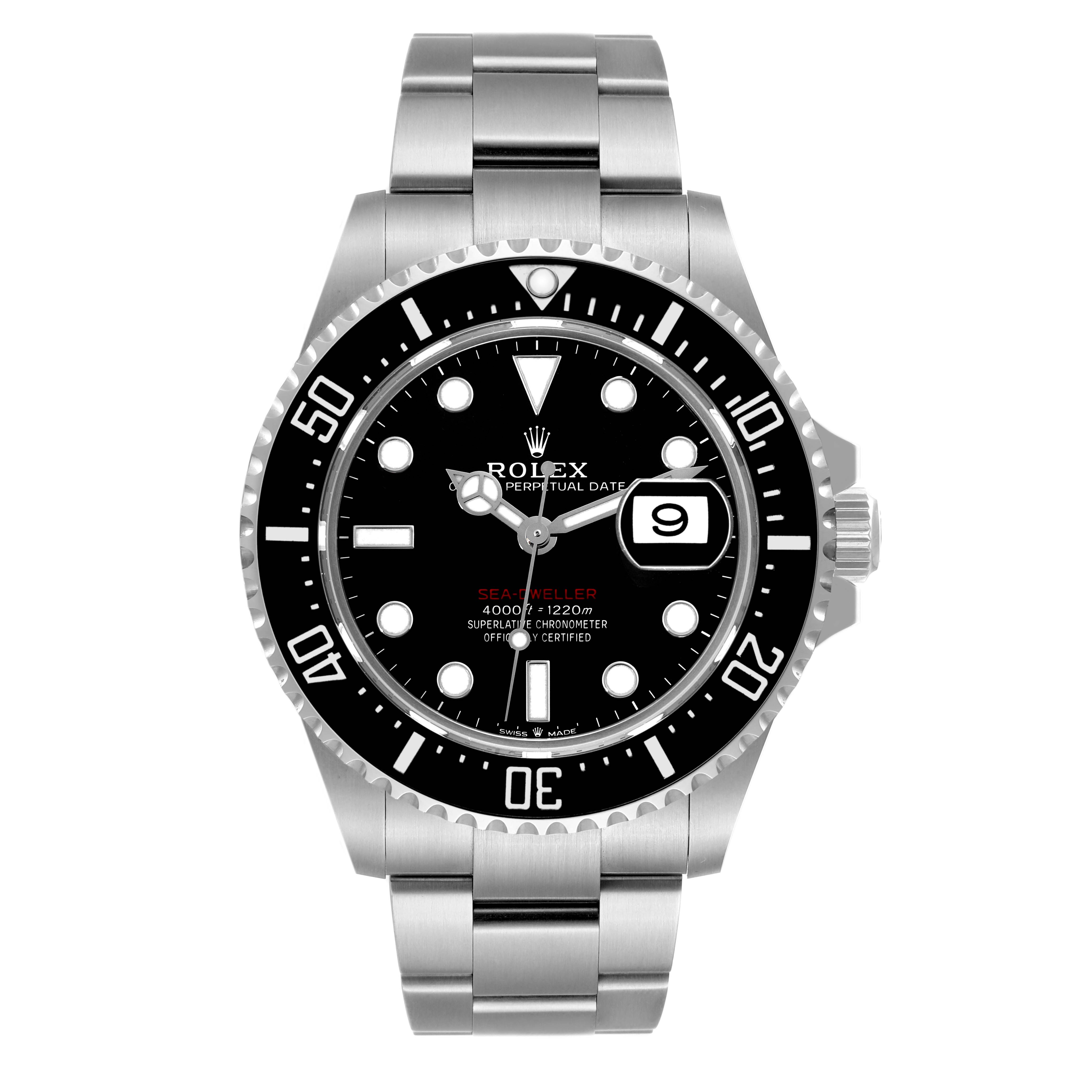 The Rolex Sea-Dweller 126600 Men's Stainless Steel Black Dial 126600 Men's Stainless Steel Black Dial watch is shown from a front view, displaying its dial, bezel, and bracelet.