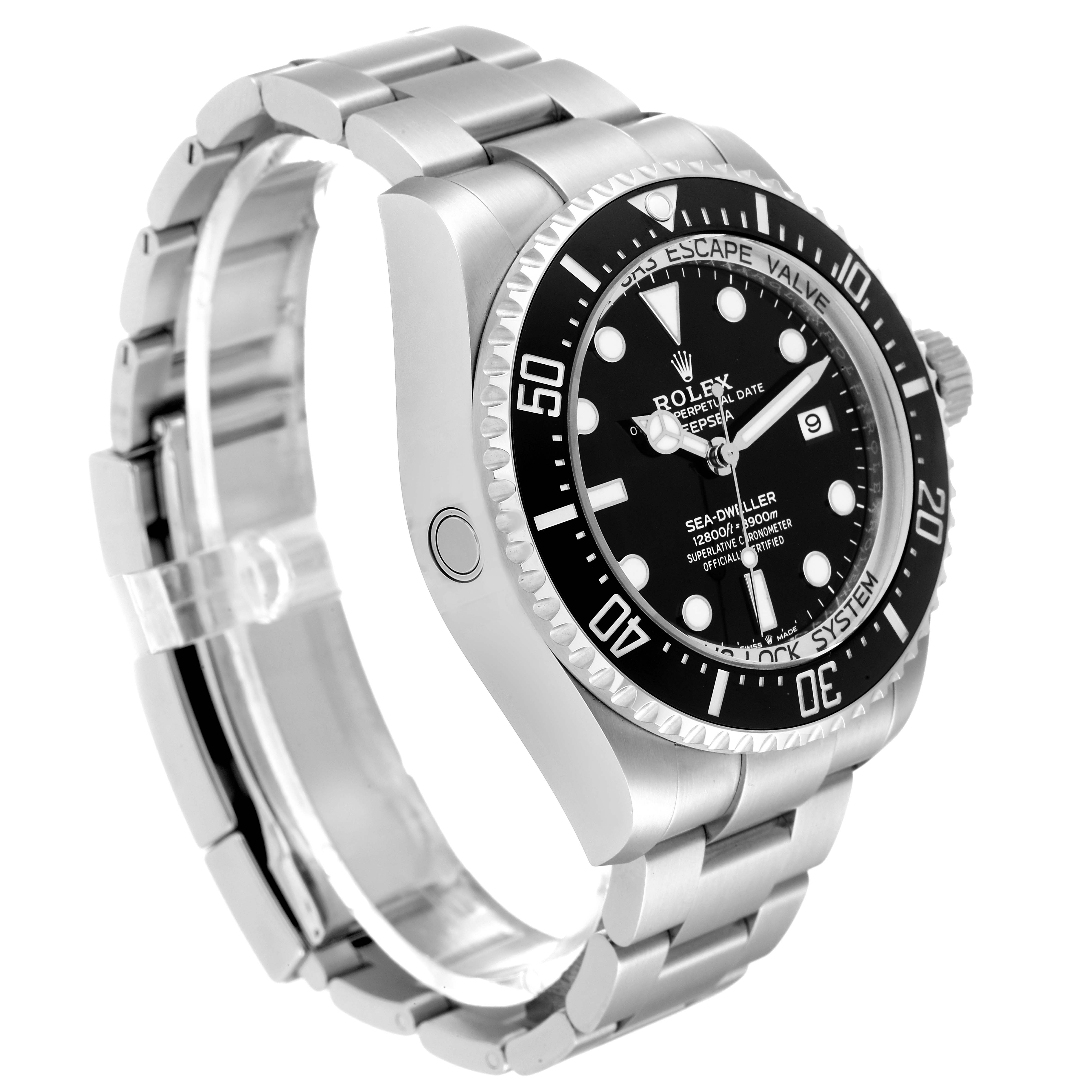 The Rolex Sea-Dweller 136660 Men's Stainless Steel Black Dial 136660 Men's Stainless Steel Black Dial watch is shown at an angled side profile, featuring its bezel, dial, and bracelet.