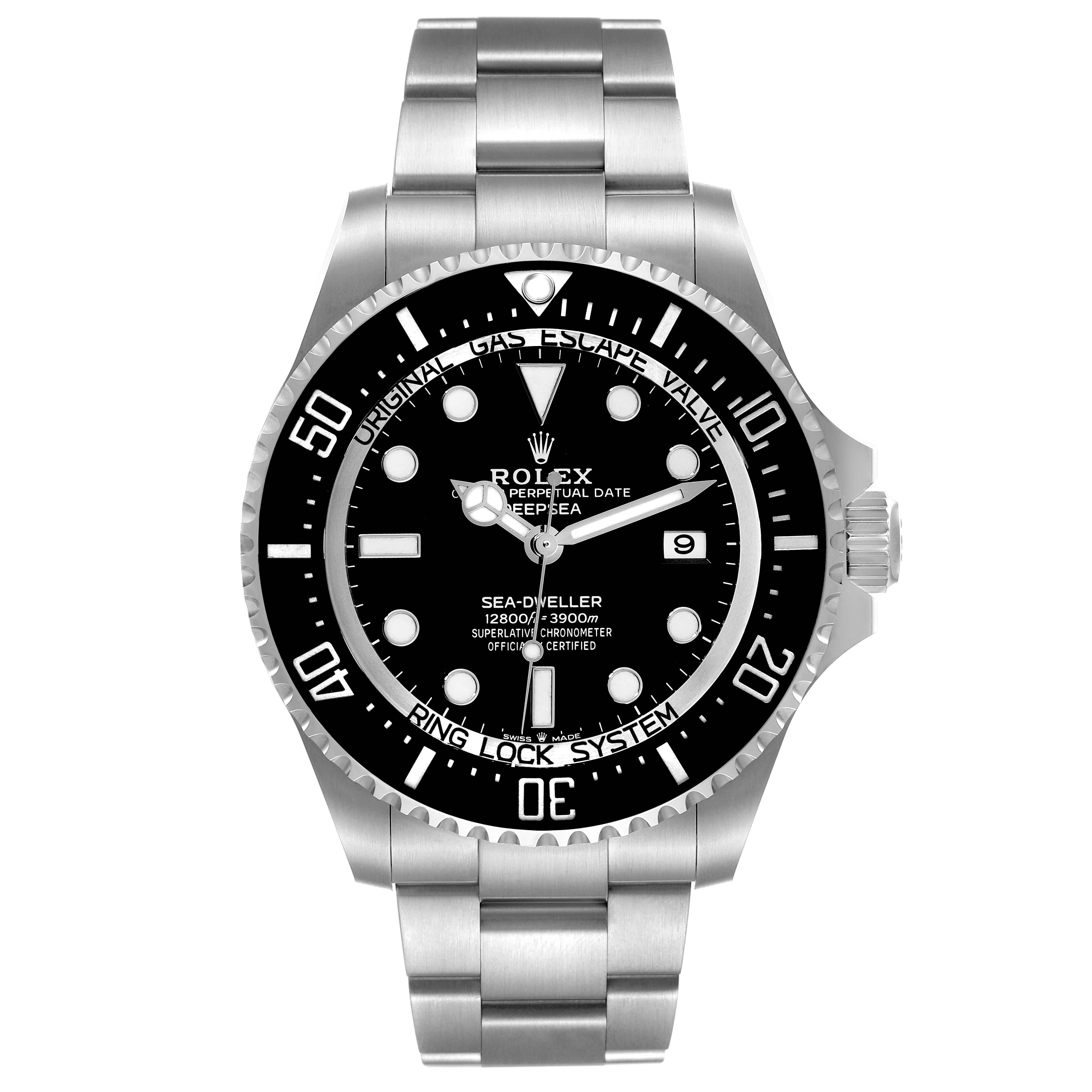 This image shows a front view of the Rolex Sea-Dweller 136660 Men's Stainless Steel Black Dial 136660 Men's Stainless Steel Black Dial watch, including the dial, bezel, brand name, and part of the bracelet.