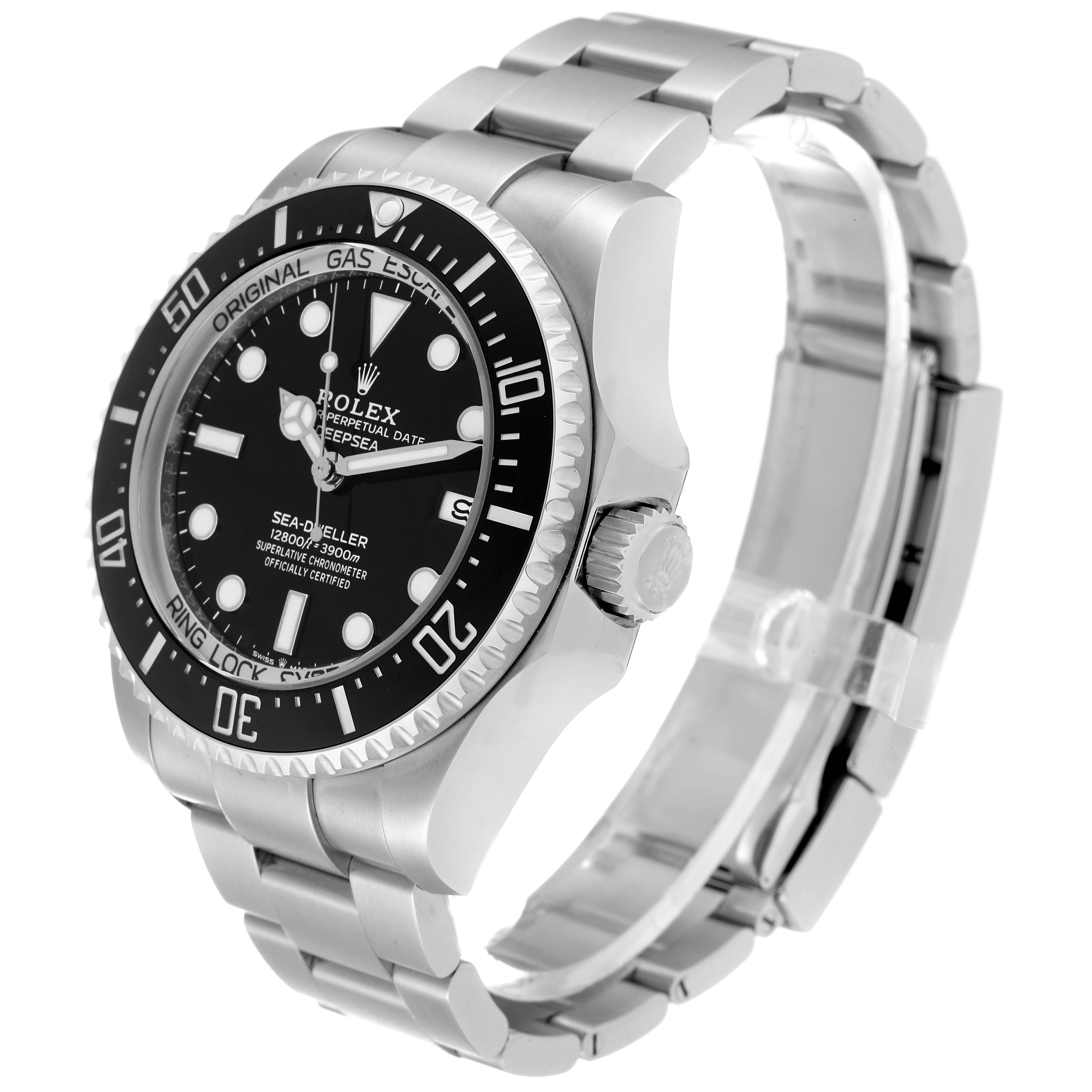The image shows a side and front angle of a Rolex Sea-Dweller 136660 Men's Stainless Steel Black Dial 136660 Men's Stainless Steel Black Dial watch, highlighting its bezel, dial, crown, and bracelet.