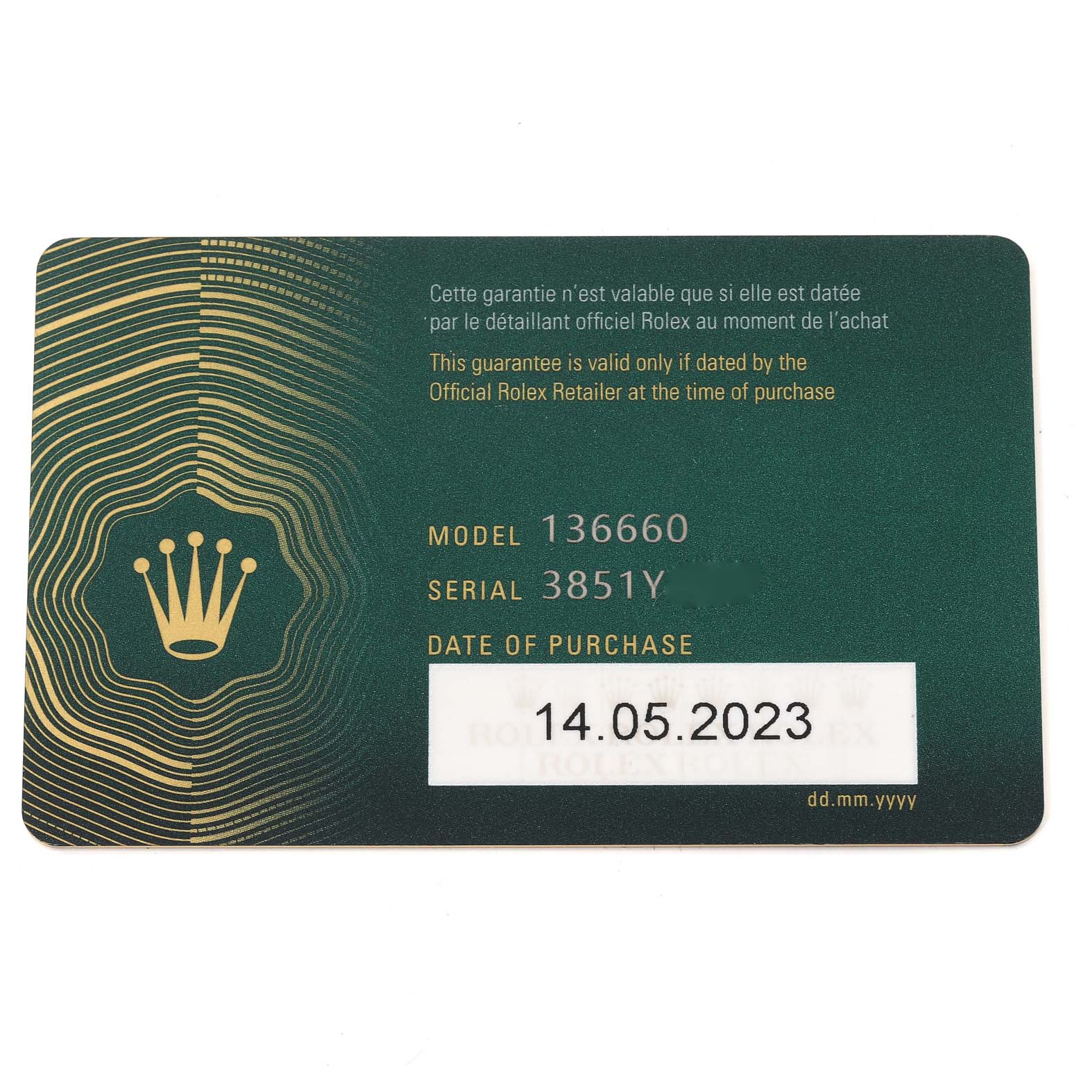 This image shows the guarantee card for a Rolex Sea-Dweller 136660 Men's Stainless Steel Black Dial 136660 Men's Stainless Steel Black Dial model 136660.