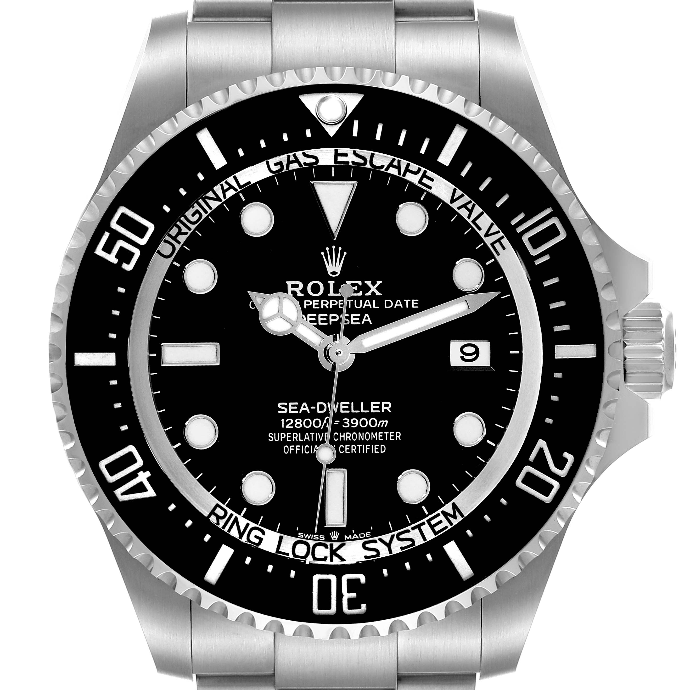 The image shows a front view of a Rolex Sea-Dweller 136660 Men's Stainless Steel Black Dial 136660 Men's Stainless Steel Black Dial watch displaying its face, bezel, and crown.
