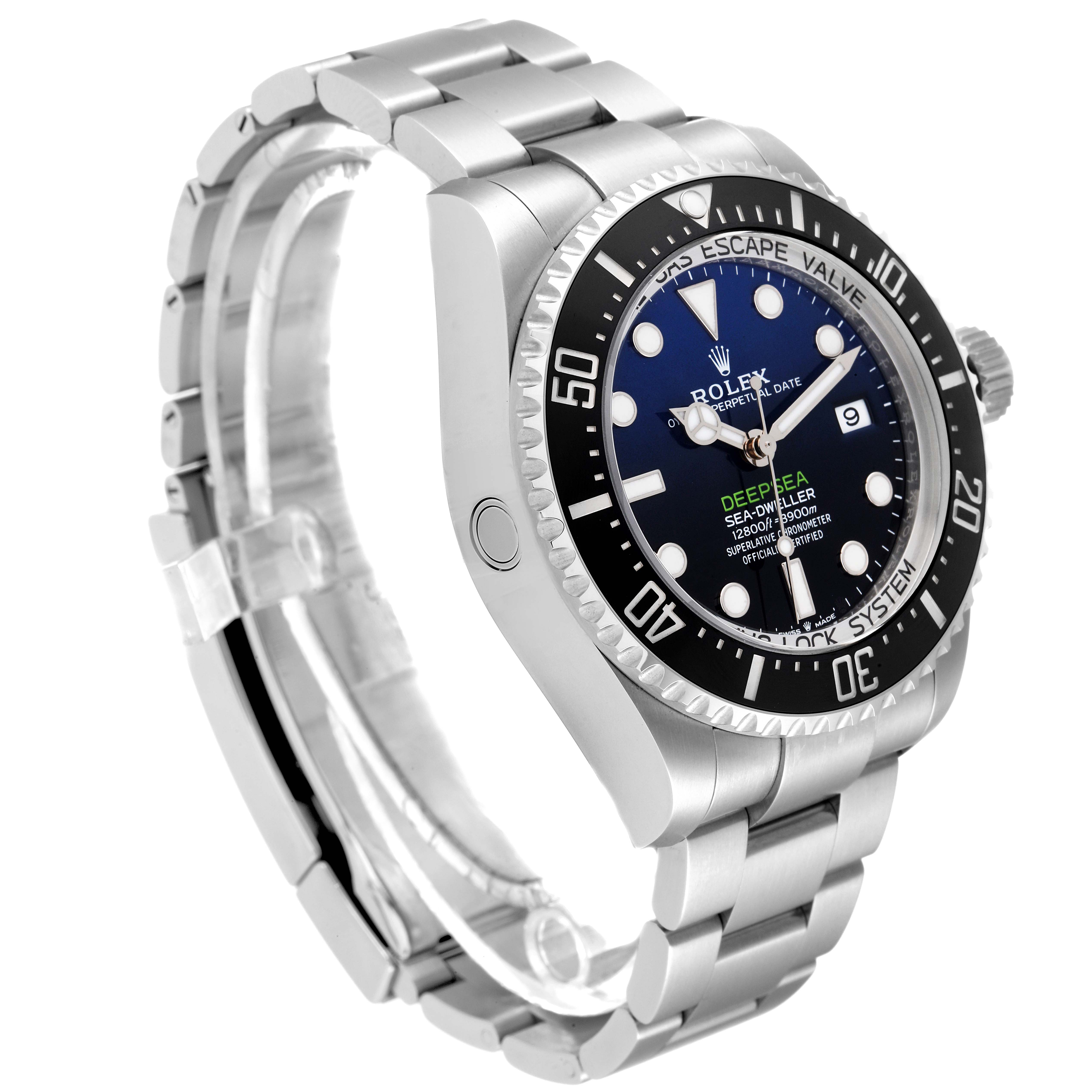 The image shows the Rolex Sea-Dweller 136660 Men's Stainless Steel Blue Dial 136660 Men's Stainless Steel Blue Dial watch at an angle highlighting its face, bezel, and metal bracelet.