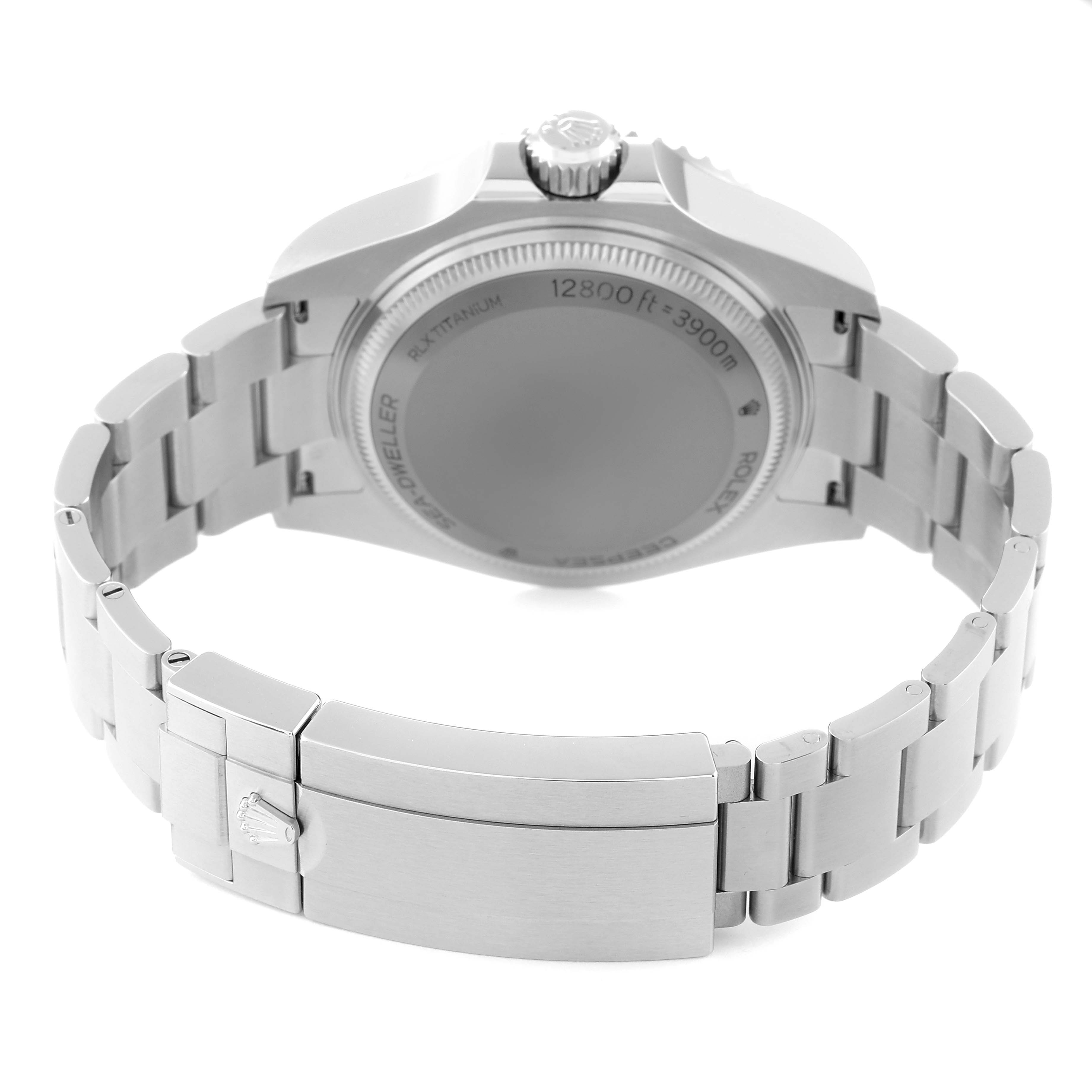 The image shows the back case and bracelet clasp of a Rolex Sea-Dweller 136660 Men's Stainless Steel Blue Dial 136660 Men's Stainless Steel Blue Dial watch, viewed from the rear angle.