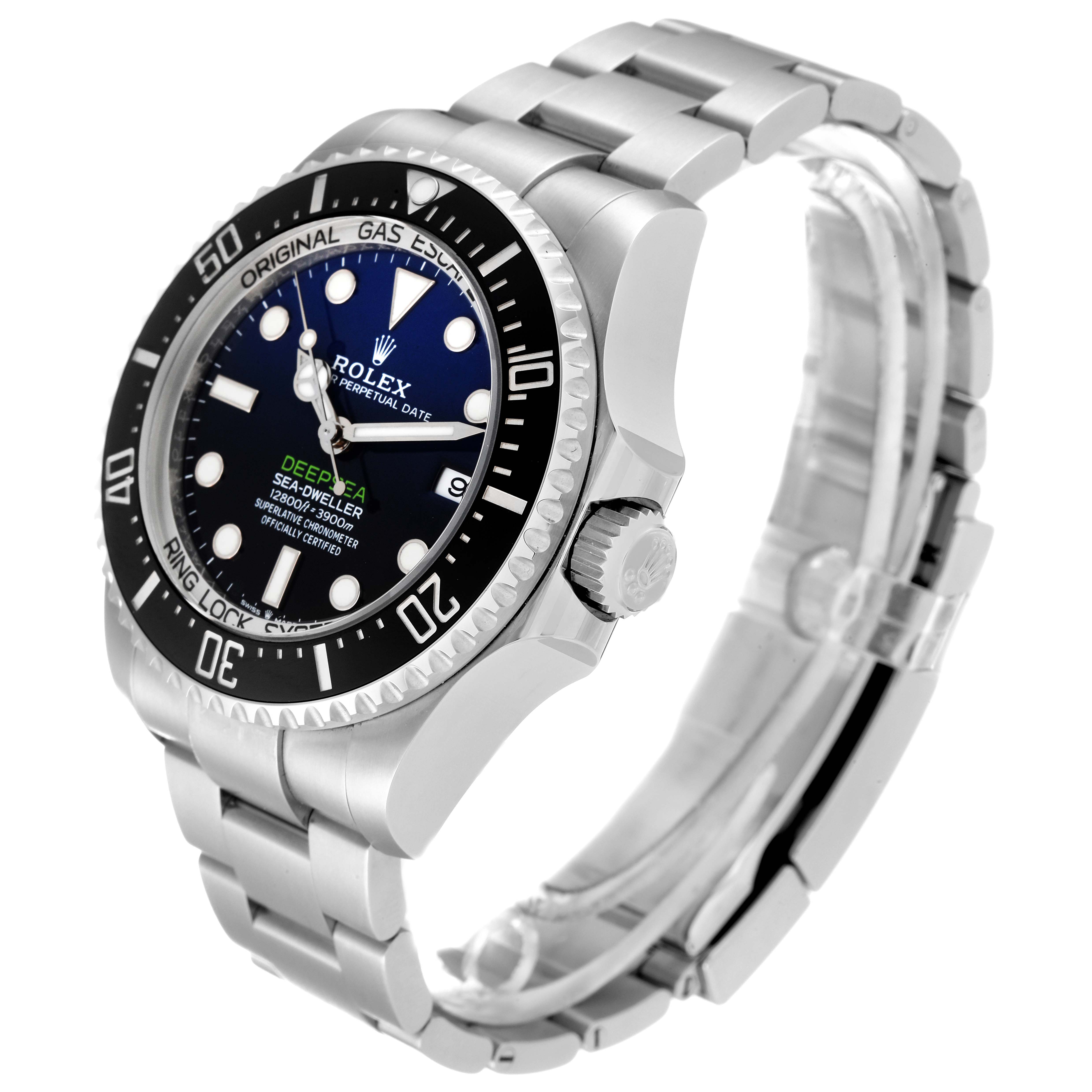 The Rolex Sea-Dweller 136660 Men's Stainless Steel Blue Dial 136660 Men's Stainless Steel Blue Dial watch is shown at an angle highlighting the face, bezel, crown, and stainless steel bracelet.