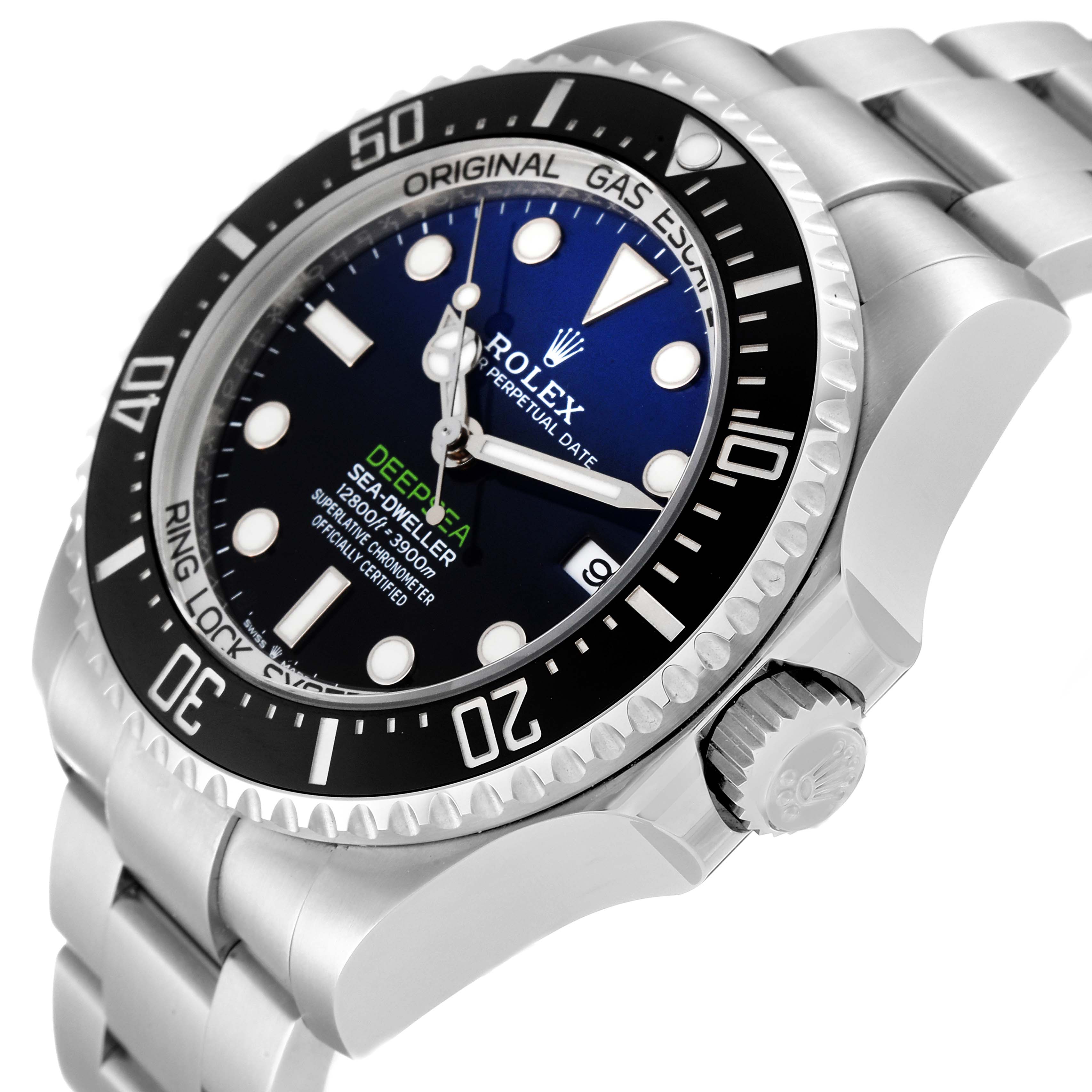 The image shows a side angle of the Rolex Sea-Dweller 136660 Men's Stainless Steel Blue Dial 136660 Men's Stainless Steel Blue Dial watch, focusing on the bezel, dial, crown, and bracelet.