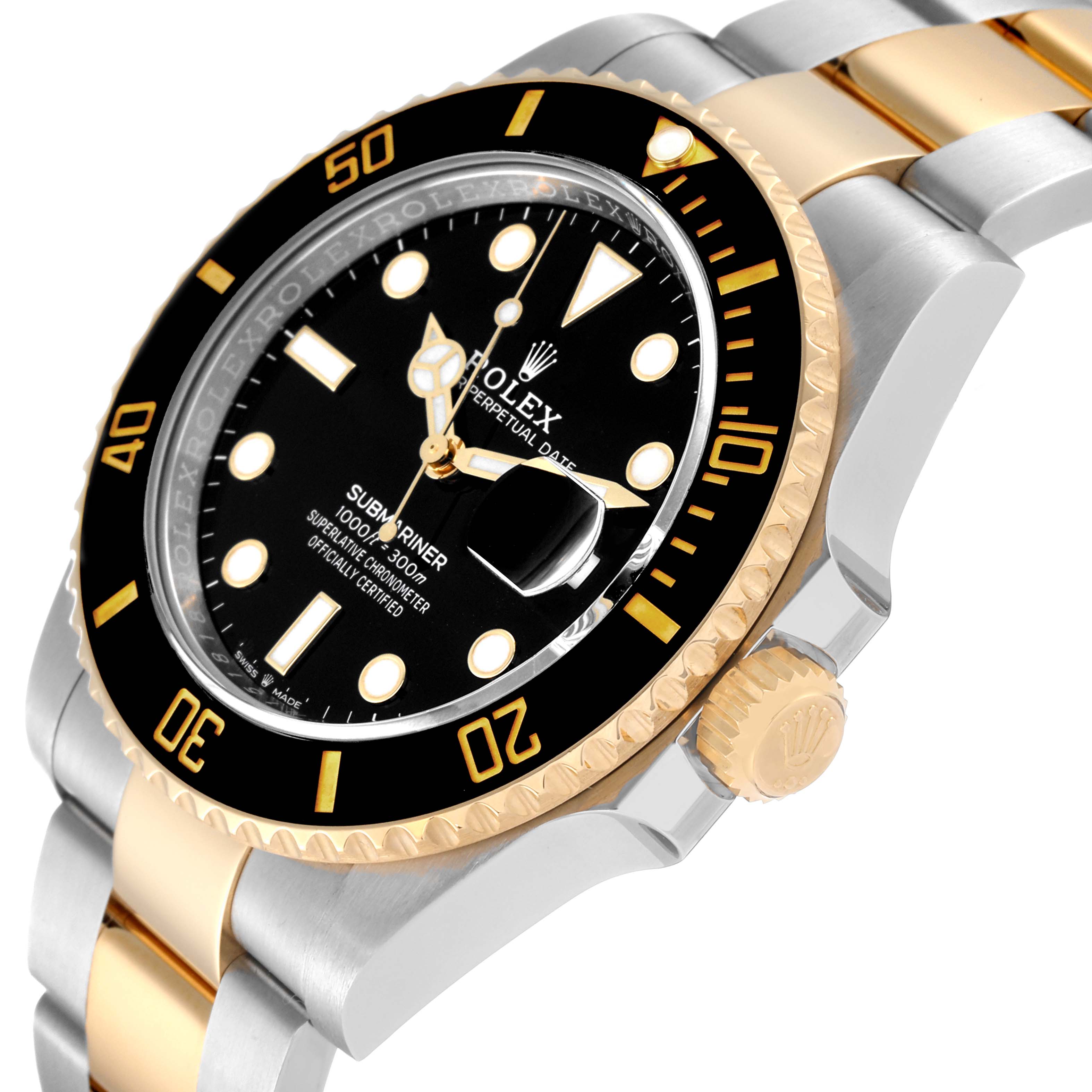 The image shows a Rolex Submariner 126613 Men's Steel and Gold (two tone) Black Dial 126613 Men's Steel and Gold (two tone) Black Dial watch at an angled side view displaying the bezel, crown, and part of the bracelet.