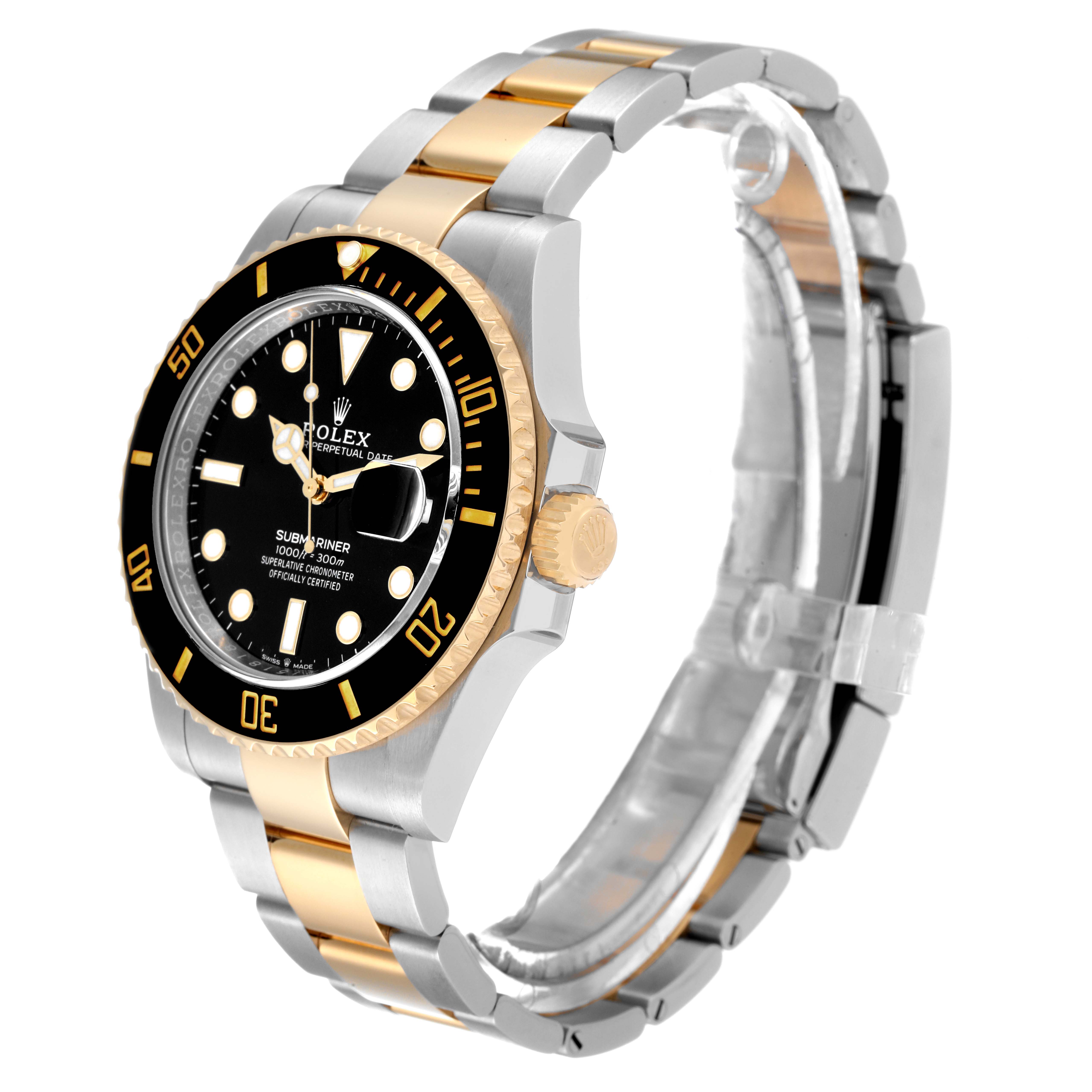 This image shows a Rolex Submariner 126613 Men's Steel and Gold (two tone) Black Dial 126613 Men's Steel and Gold (two tone) Black Dial watch in a side-angle view, highlighting its bezel, face, crown, and bracelet.