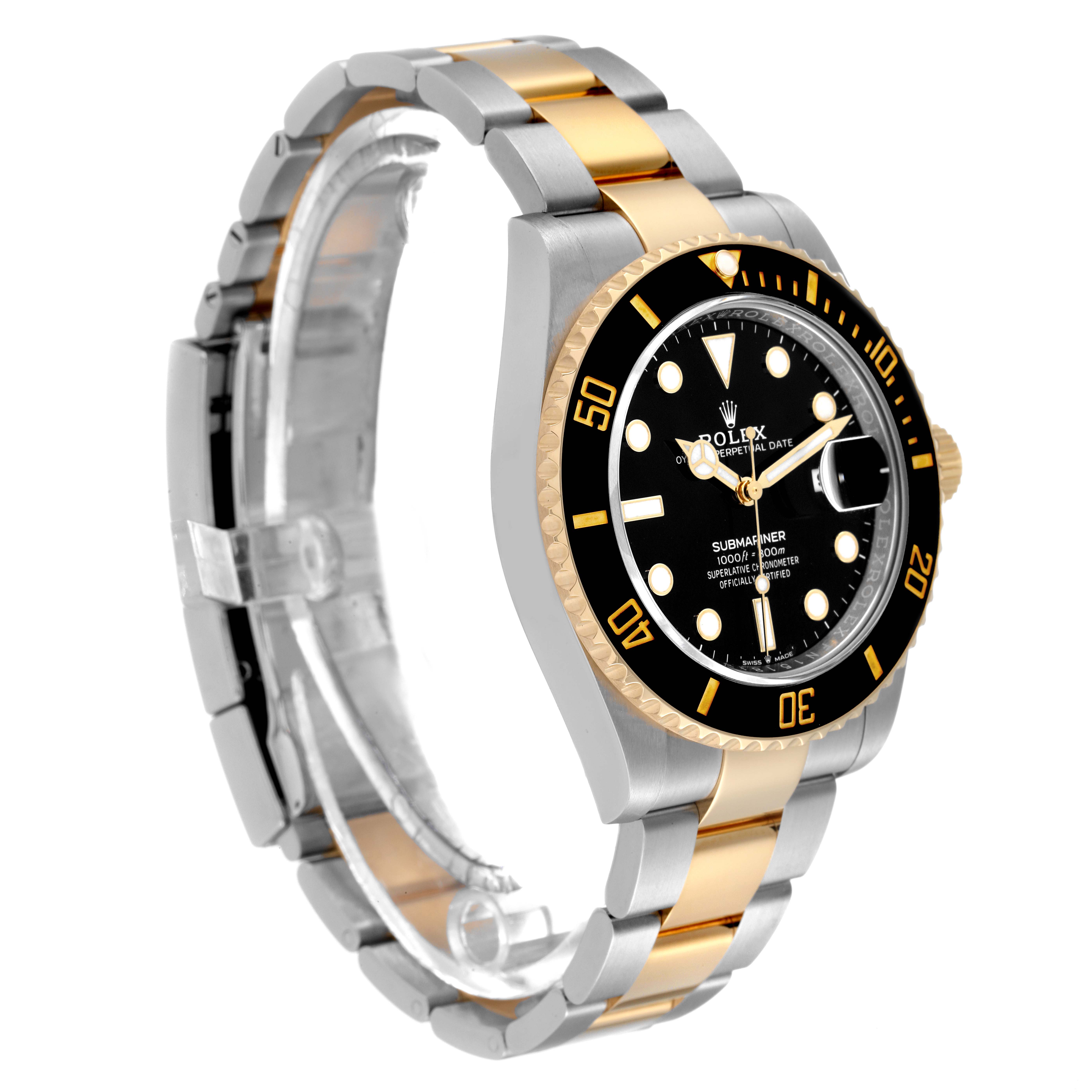 The image shows a side-angle view of a Rolex Submariner 126613 Men's Steel and Gold (two tone) Black Dial 126613 Men's Steel and Gold (two tone) Black Dial watch, highlighting its gold and silver bracelet and black dial.