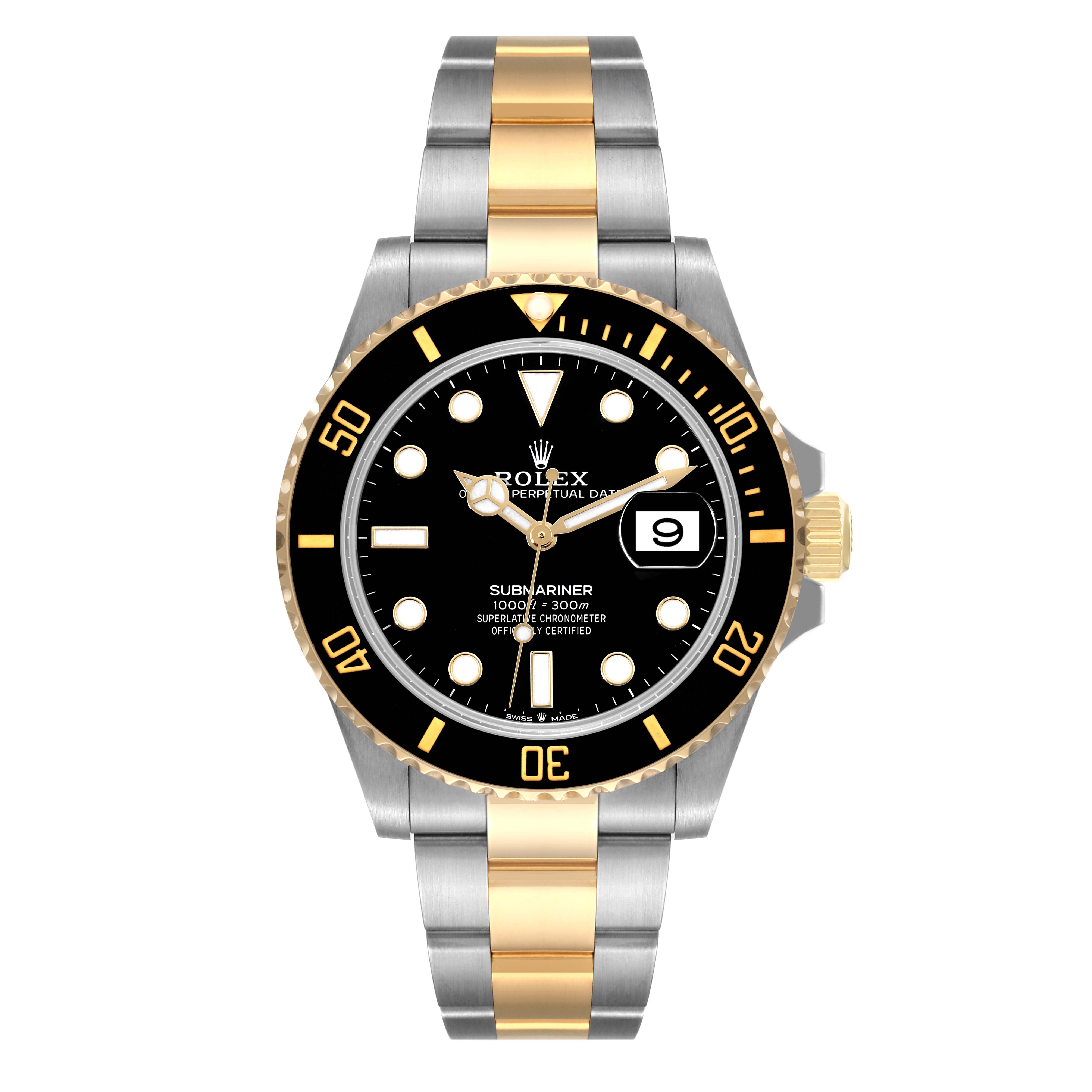 This image shows a front view of the Rolex Submariner 126613 Men's Steel and Gold (two tone) Black Dial 126613 Men's Steel and Gold (two tone) Black Dial model, featuring a black dial, date window, and two-tone bracelet.