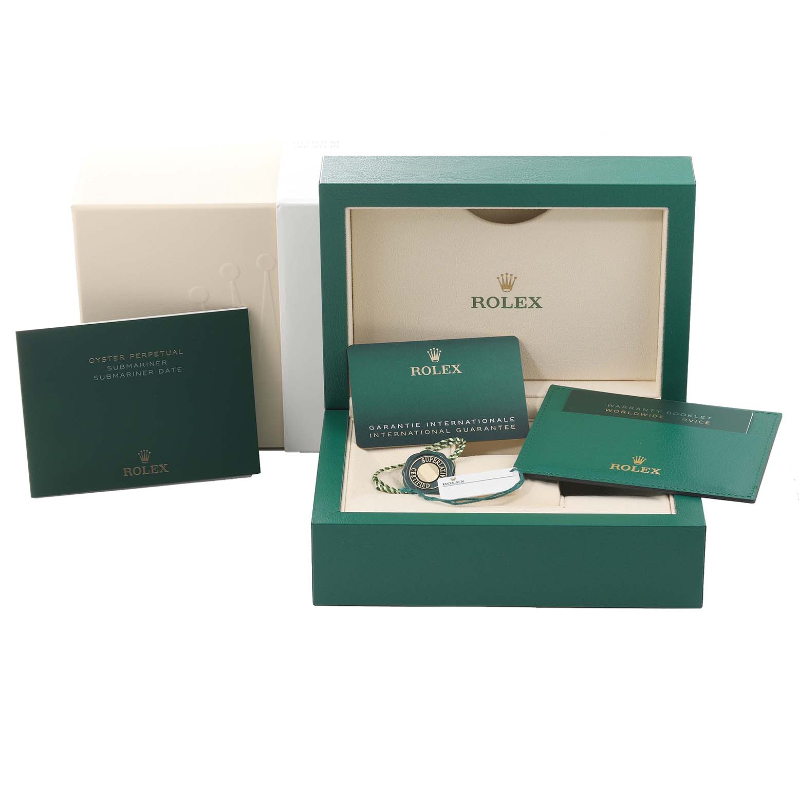 The image shows a Rolex Submariner 126613 Men's Steel and Gold (two tone) Black Dial 126613 Men's Steel and Gold (two tone) Black Dial watch box, instruction manuals, and guarantee cards from a front angle.