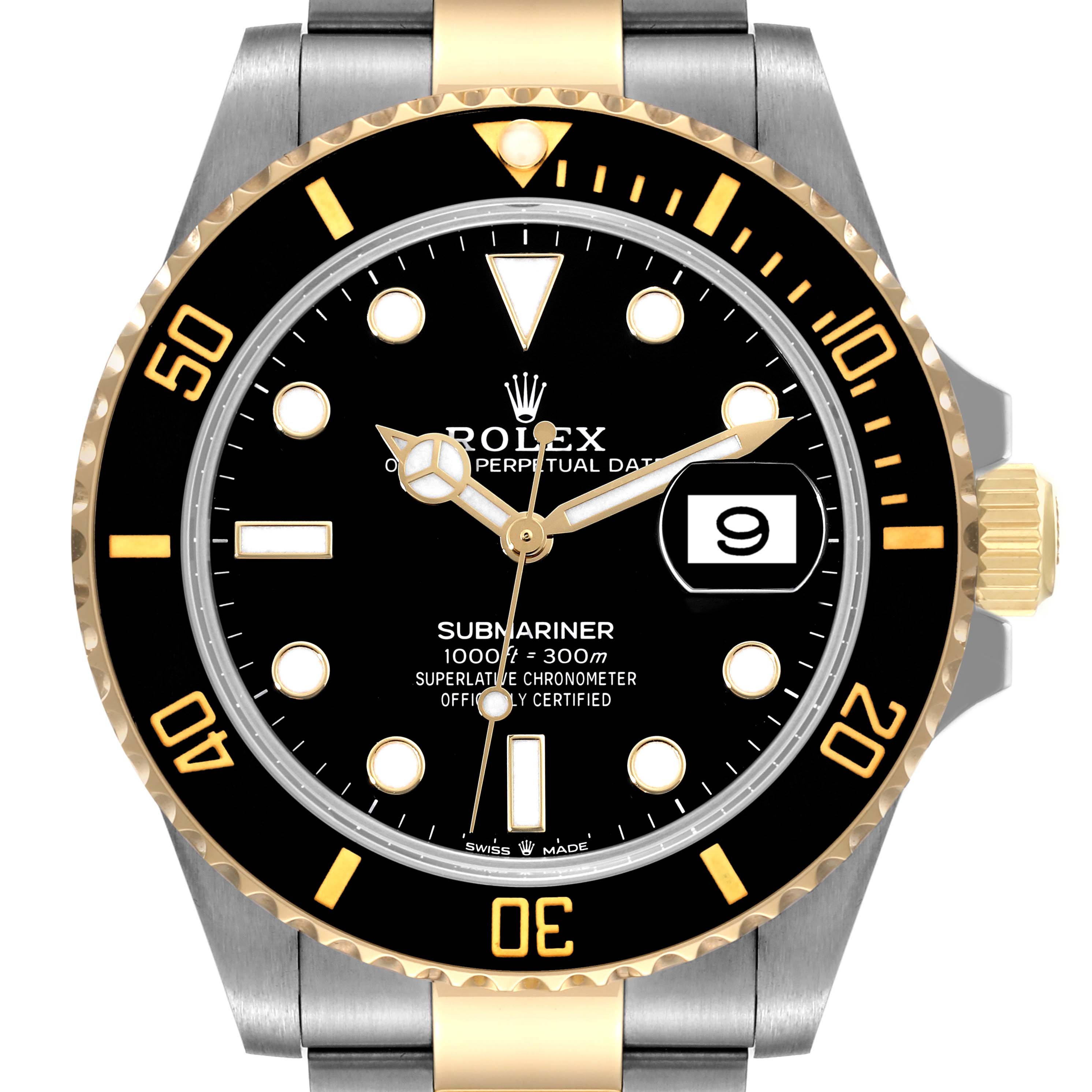 The image shows a front view of a Rolex Submariner 126613 Men's Steel and Gold (two tone) Black Dial 126613 Men's Steel and Gold (two tone) Black Dial watch, highlighting the dial, bezel, hands, and date window.