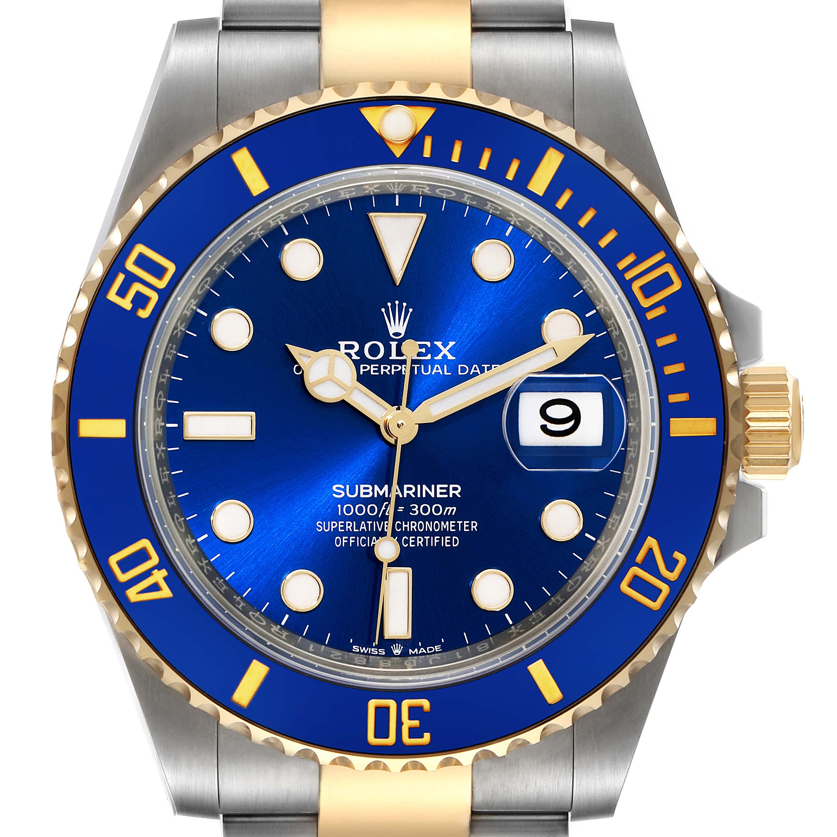 The image shows a front view of the Rolex Submariner 126613 Men's Steel and Gold (two tone) Blue Dial 126613 Men's Steel and Gold (two tone) Blue Dial watch, highlighting the blue dial, gold accents, and bracelet.
