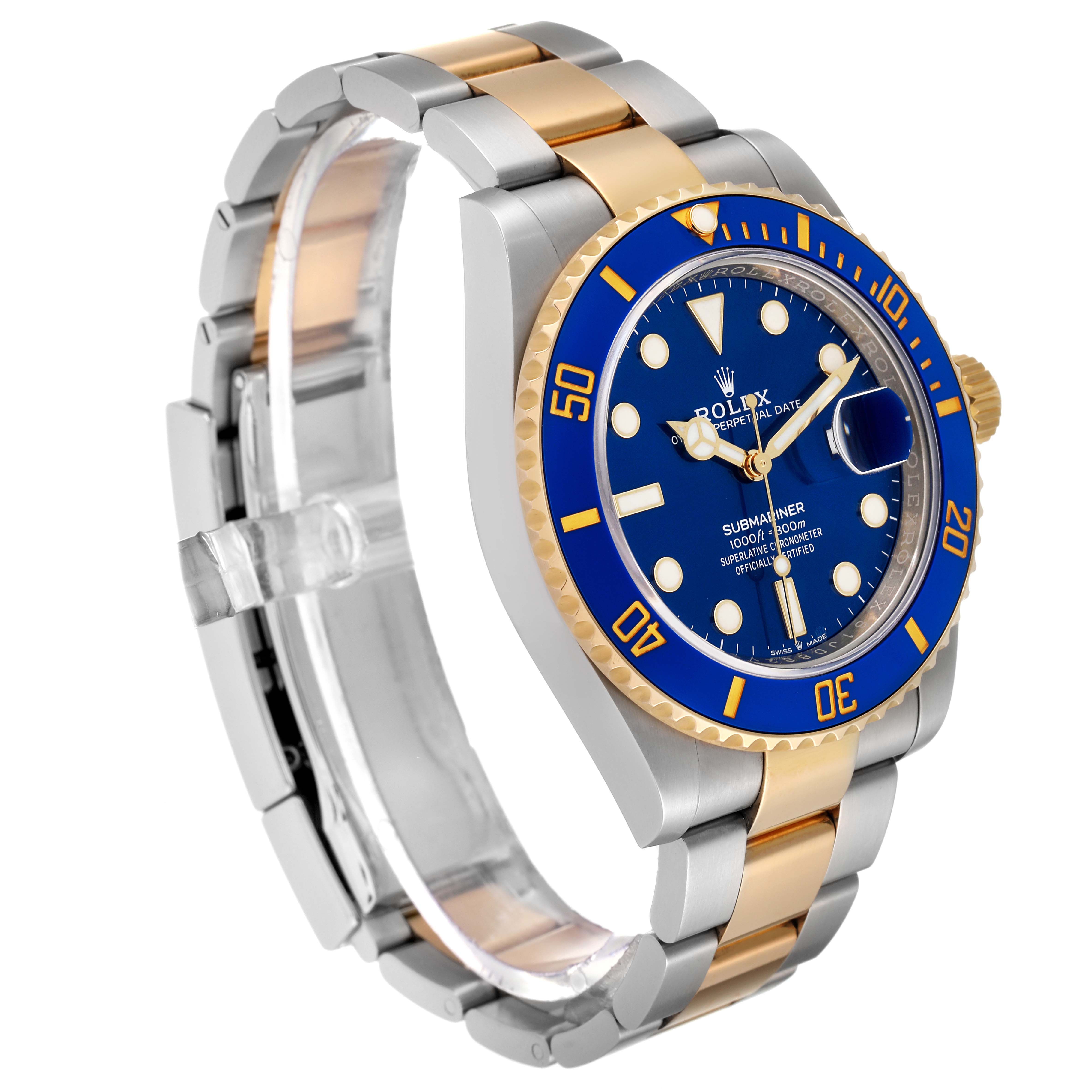 The image shows a side angle of the Rolex Submariner 126613 Men's Steel and Gold (two tone) Blue Dial 126613 Men's Steel and Gold (two tone) Blue Dial watch, highlighting its blue dial, bezel, and two-tone metal bracelet.