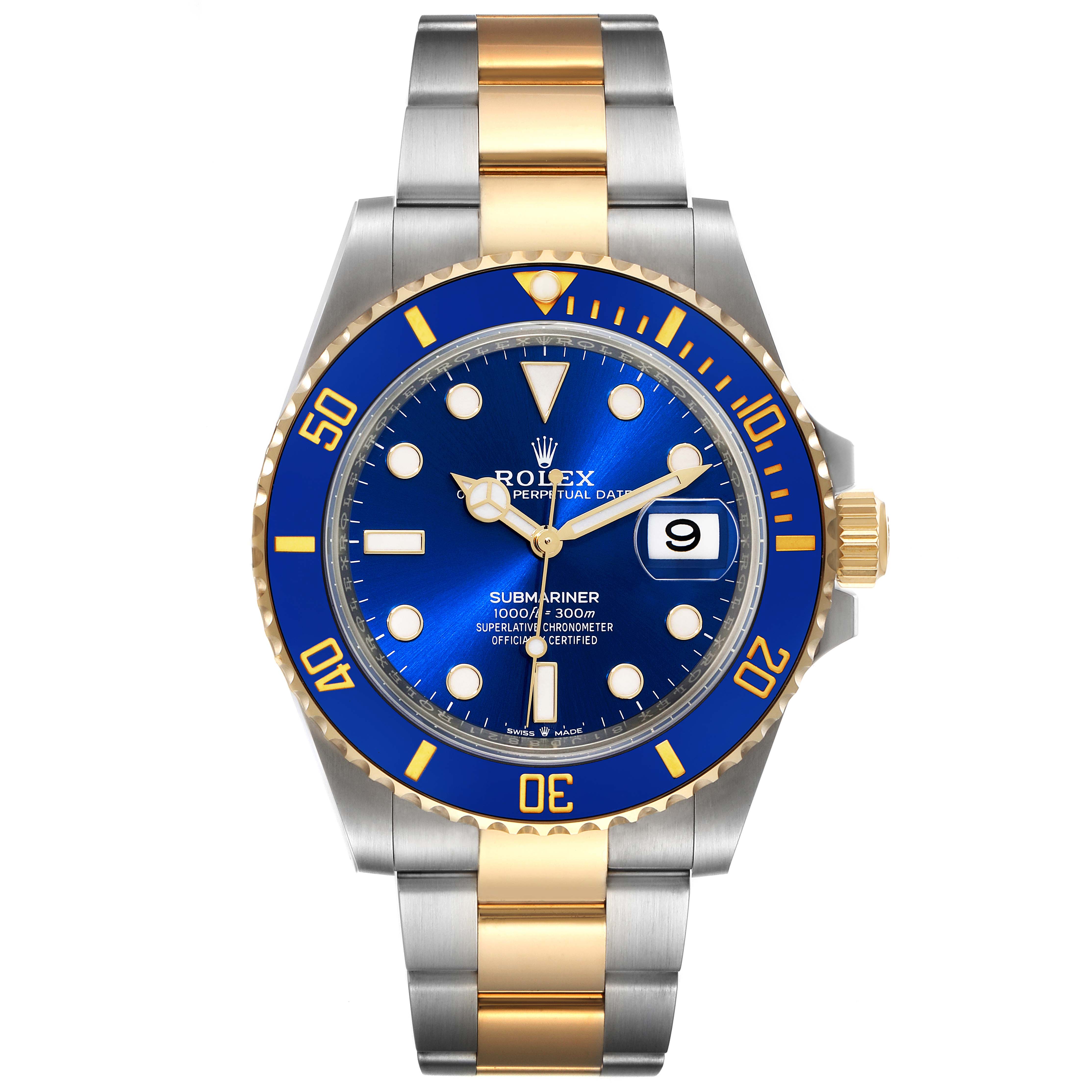 This image shows a frontal view of a Rolex Submariner 126613 Men's Steel and Gold (two tone) Blue Dial 126613 Men's Steel and Gold (two tone) Blue Dial watch with a blue dial and bi-color (gold and silver) bracelet.