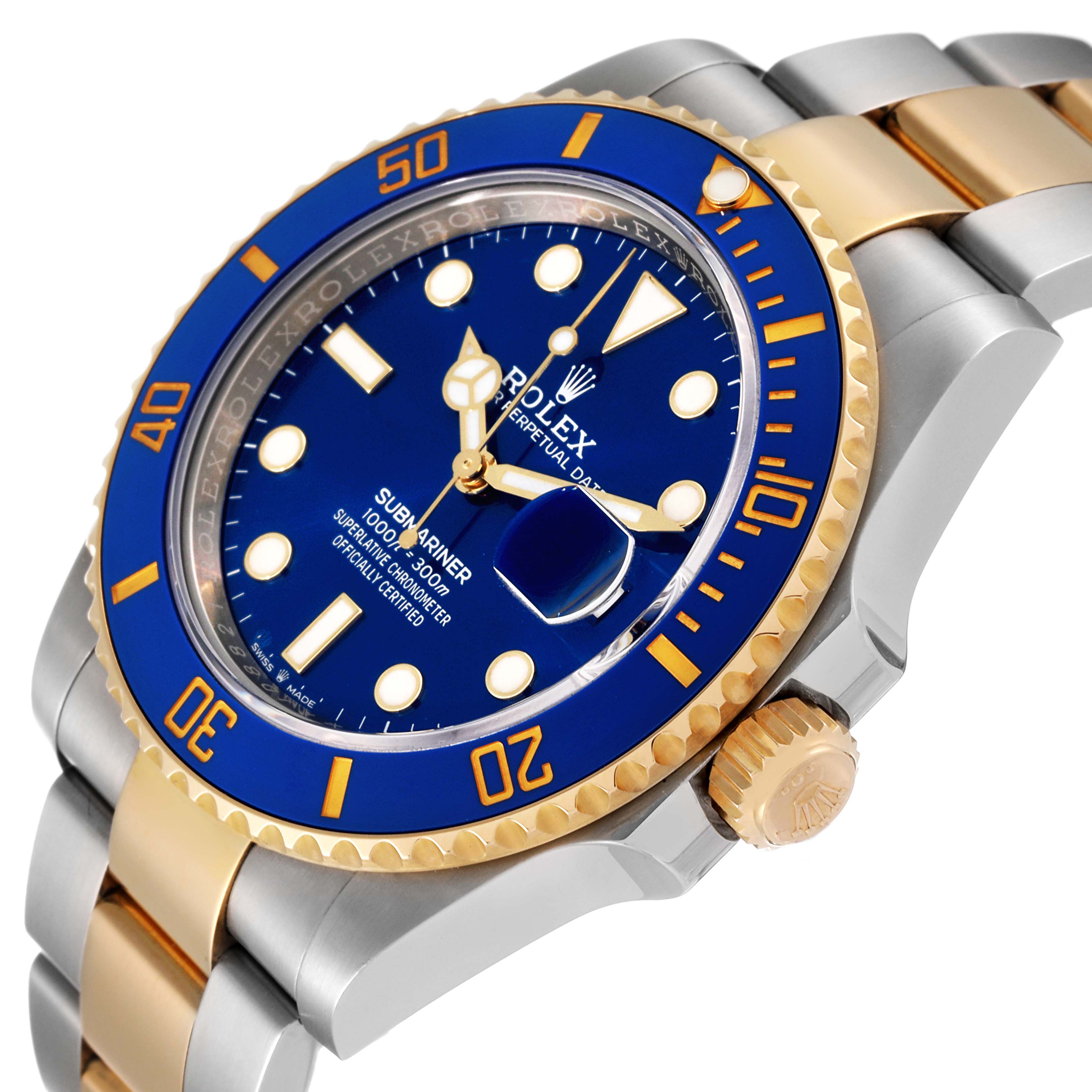 The image shows a close-up angle of the Rolex Submariner 126613 Men's Steel and Gold (two tone) Blue Dial 126613 Men's Steel and Gold (two tone) Blue Dial watch, highlighting its blue dial, gold bezel, and crown.