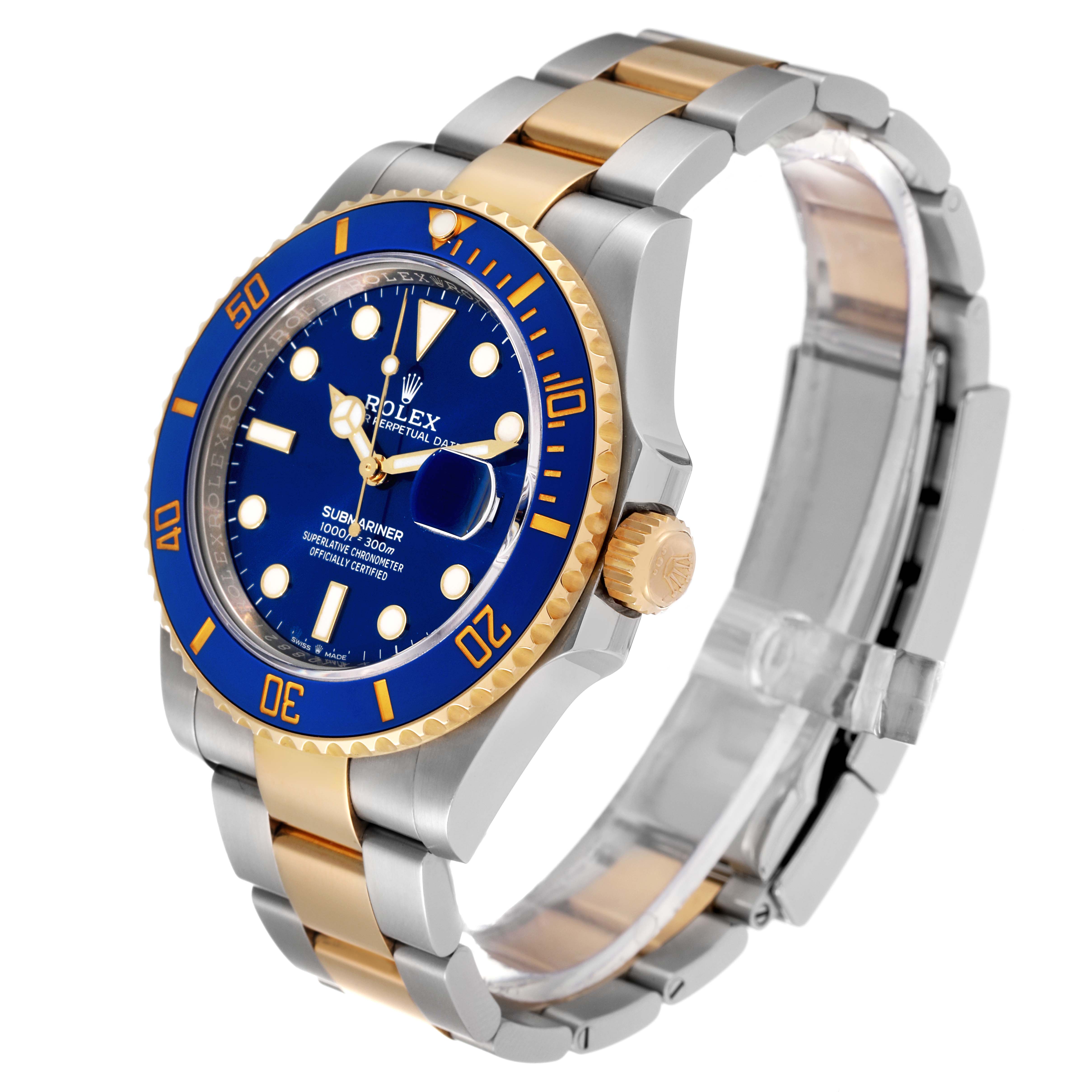 This image shows a side and front angle of the Rolex Submariner 126613 Men's Steel and Gold (two tone) Blue Dial 126613 Men's Steel and Gold (two tone) Blue Dial watch, highlighting its blue dial, bezel, and two-tone bracelet.
