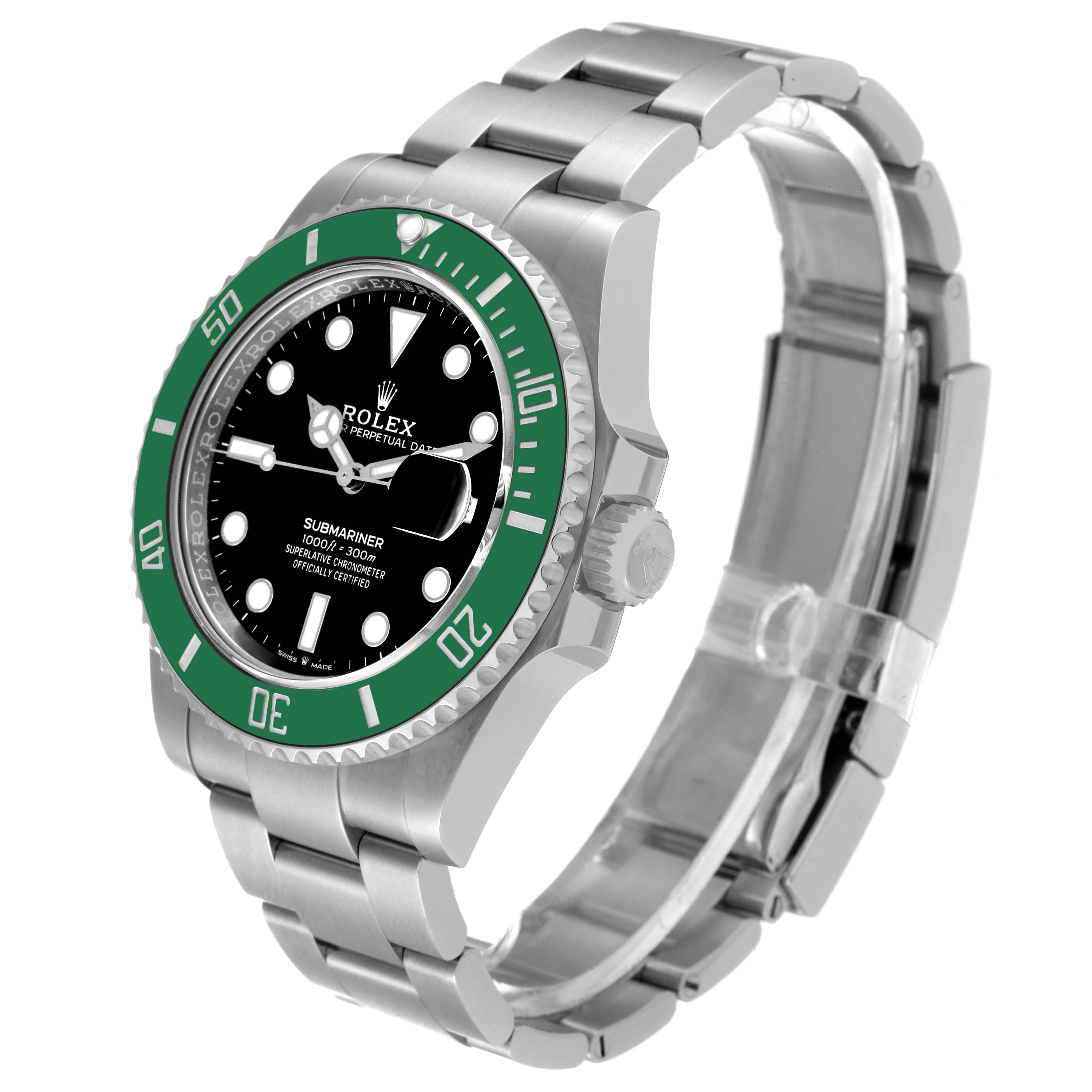 The image shows a side and front angle of a Rolex Submariner 126610LV Men
s Stainless Steel Black Dial 126610LV Men
s Stainless Steel Black Dial watch with a green bezel and a stainless steel band.