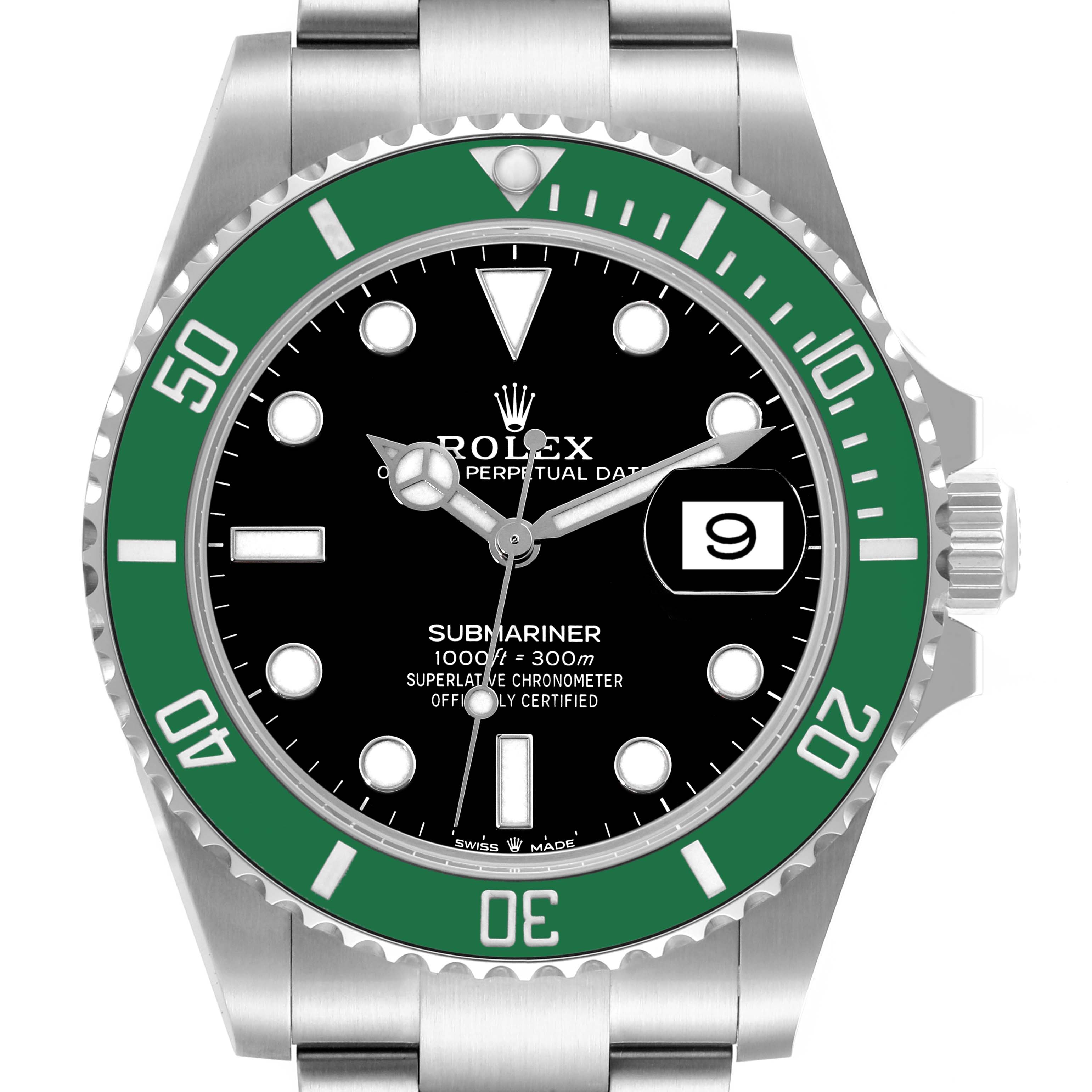 The image shows a front view of a Rolex Submariner 126610LV Men
s Stainless Steel Black Dial 126610LV Men
s Stainless Steel Black Dial watch, displaying the dial, bezel, hands, and part of the bracelet.