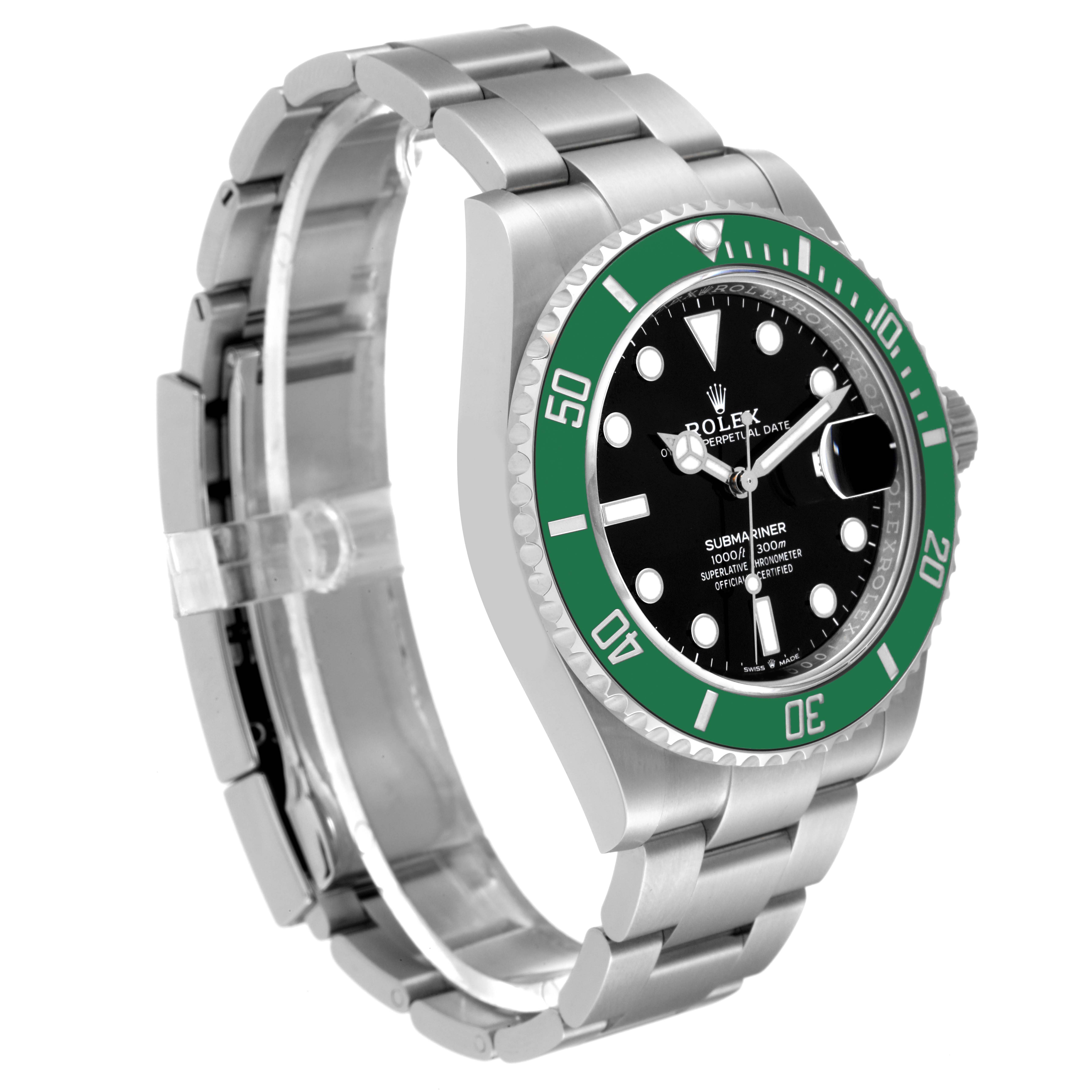 This image shows a Rolex Submariner 126610LV Men
s Stainless Steel Black Dial 126610LV Men
s Stainless Steel Black Dial watch angled to display its green bezel, black dial, and stainless steel bracelet.