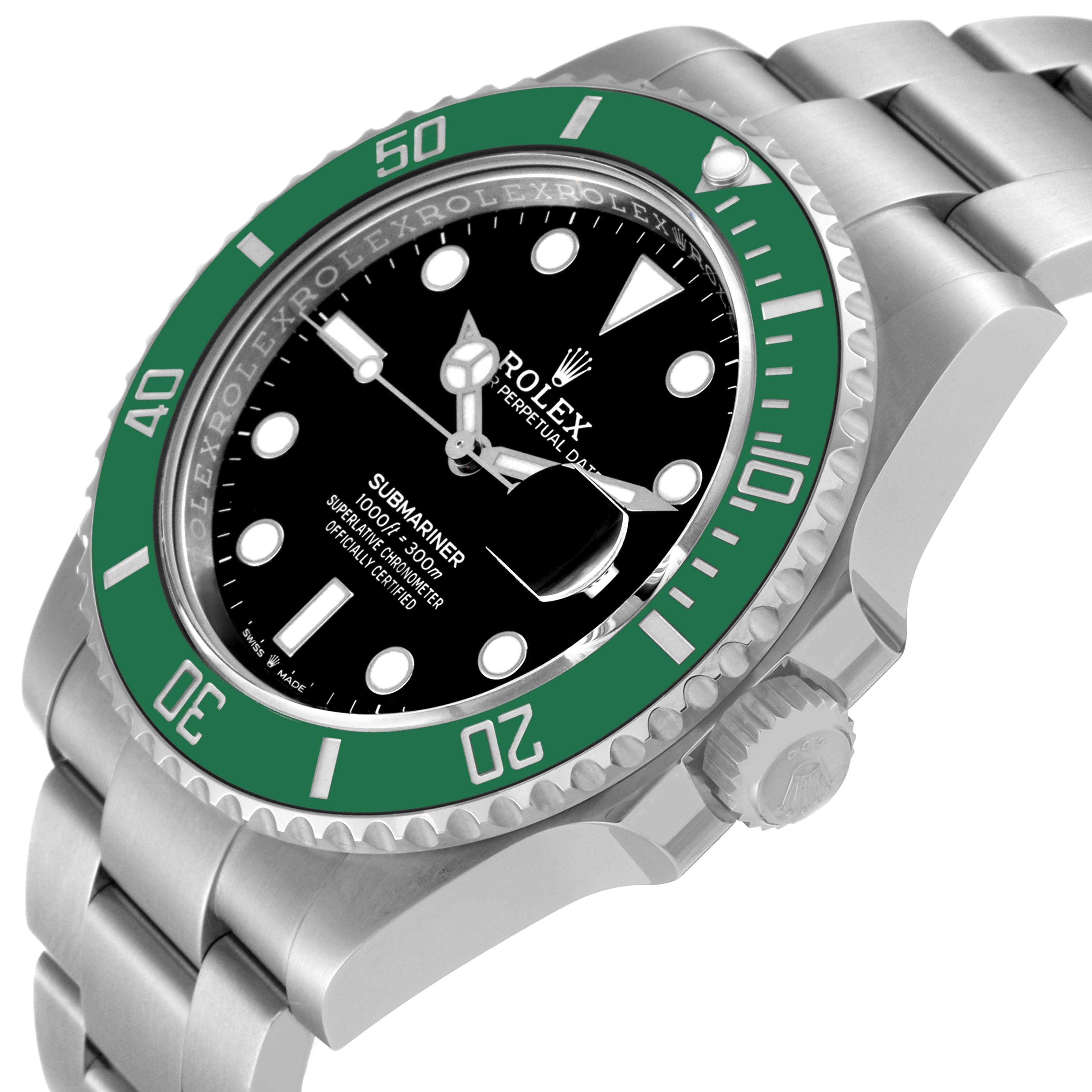 The image shows a Rolex Submariner 126610LV Men
s Stainless Steel Black Dial 126610LV Men
s Stainless Steel Black Dial watch at an angled view, highlighting the green bezel, black dial, and silver bracelet.
