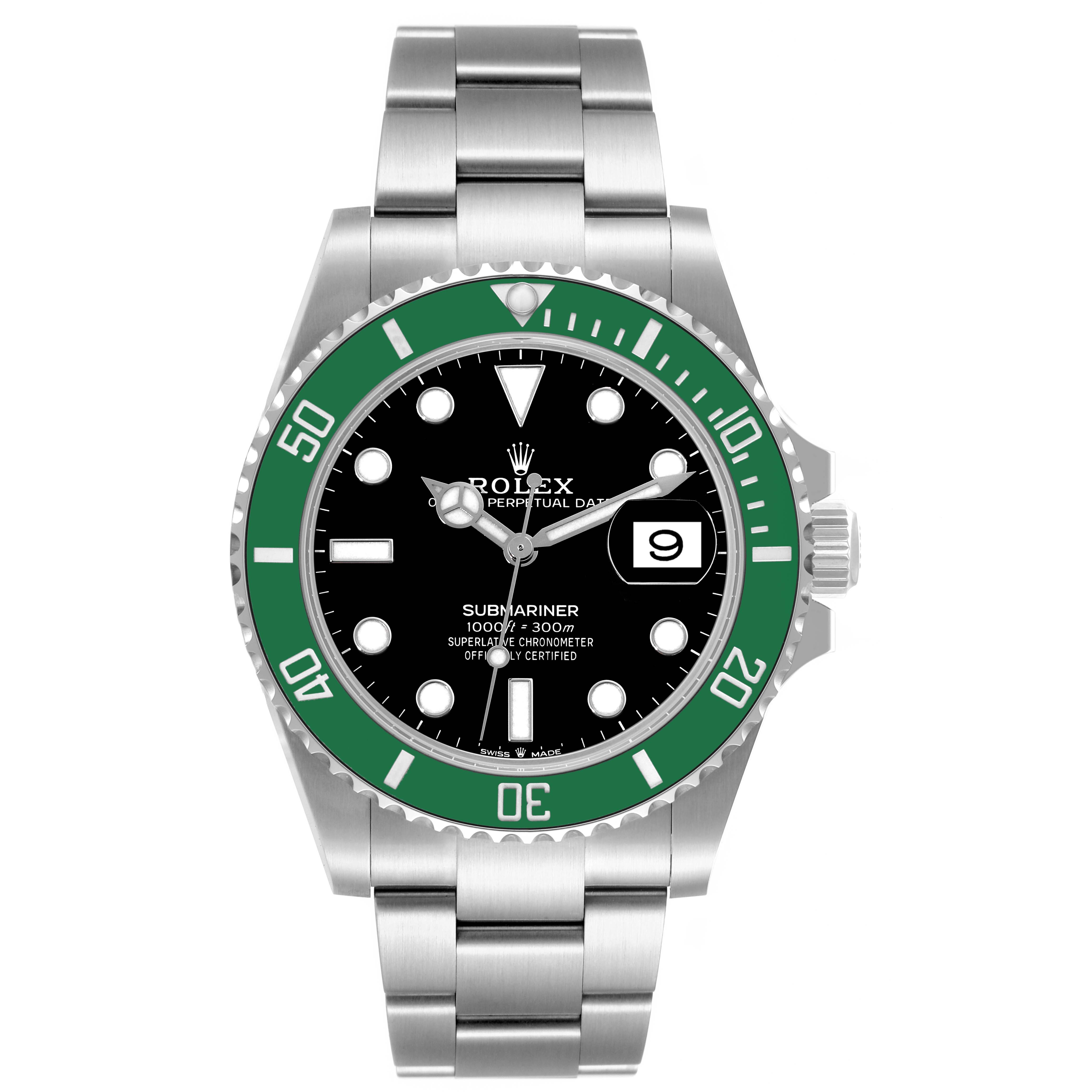 This image displays a Rolex Submariner 126610LV Men
s Stainless Steel Black Dial 126610LV Men
s Stainless Steel Black Dial watch from the front, highlighting the face, bezel, crown, and bracelet.