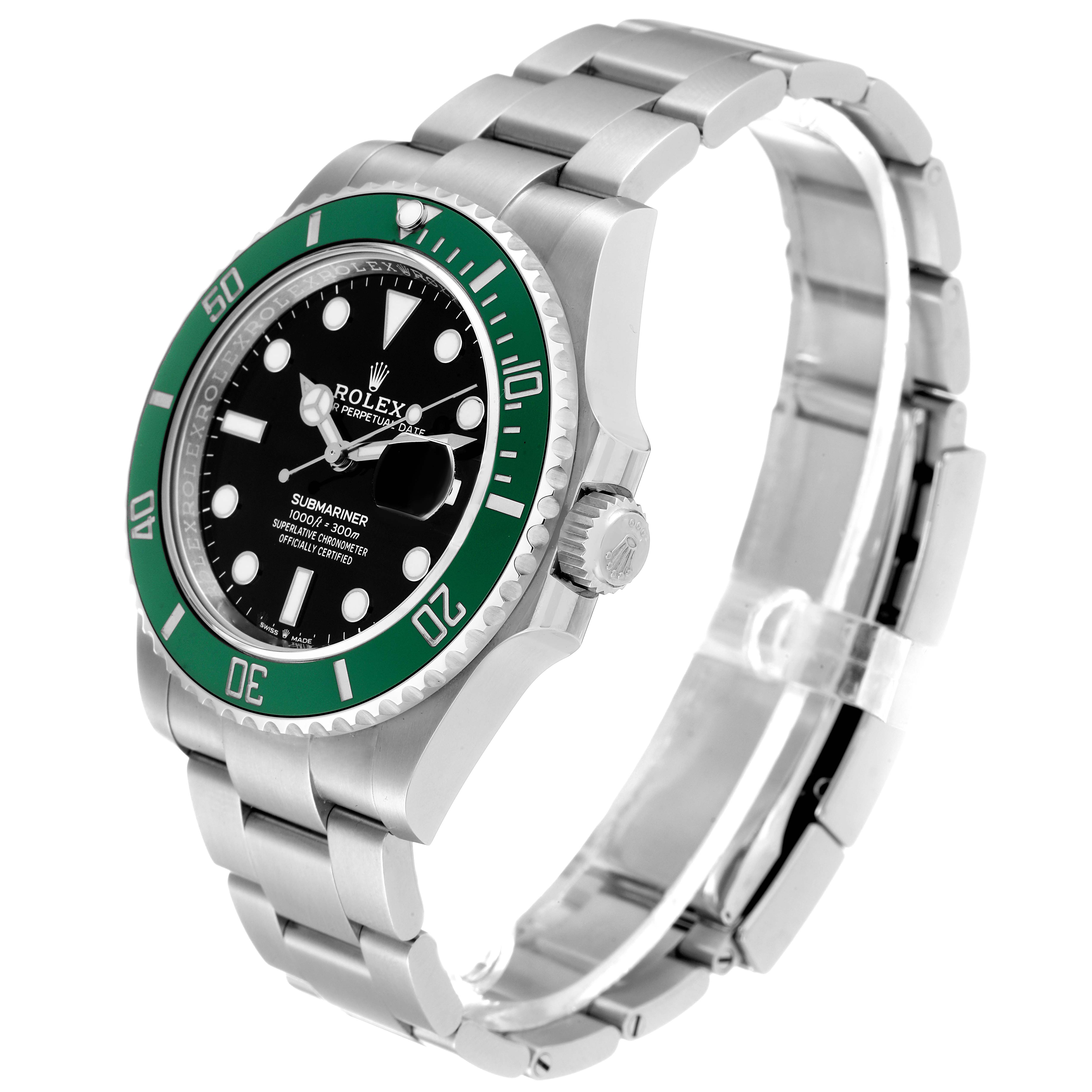 This image shows a side angle view of the Rolex Submariner 126610LV Men's Stainless Steel Black Dial 126610LV Men's Stainless Steel Black Dial watch, highlighting the face, bezel, crown, and bracelet.