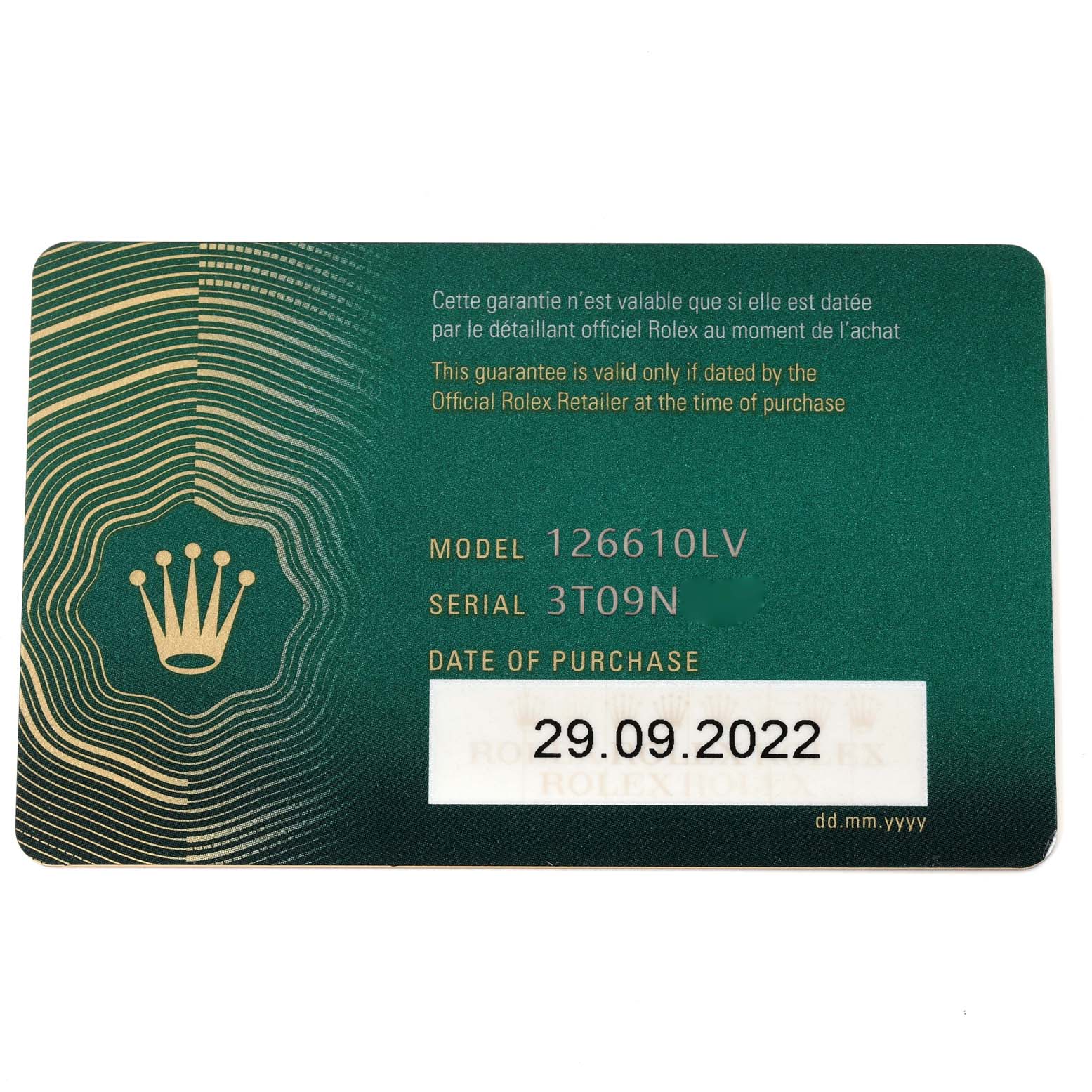 This image shows a Rolex warranty card for the Submariner model 126610LV.