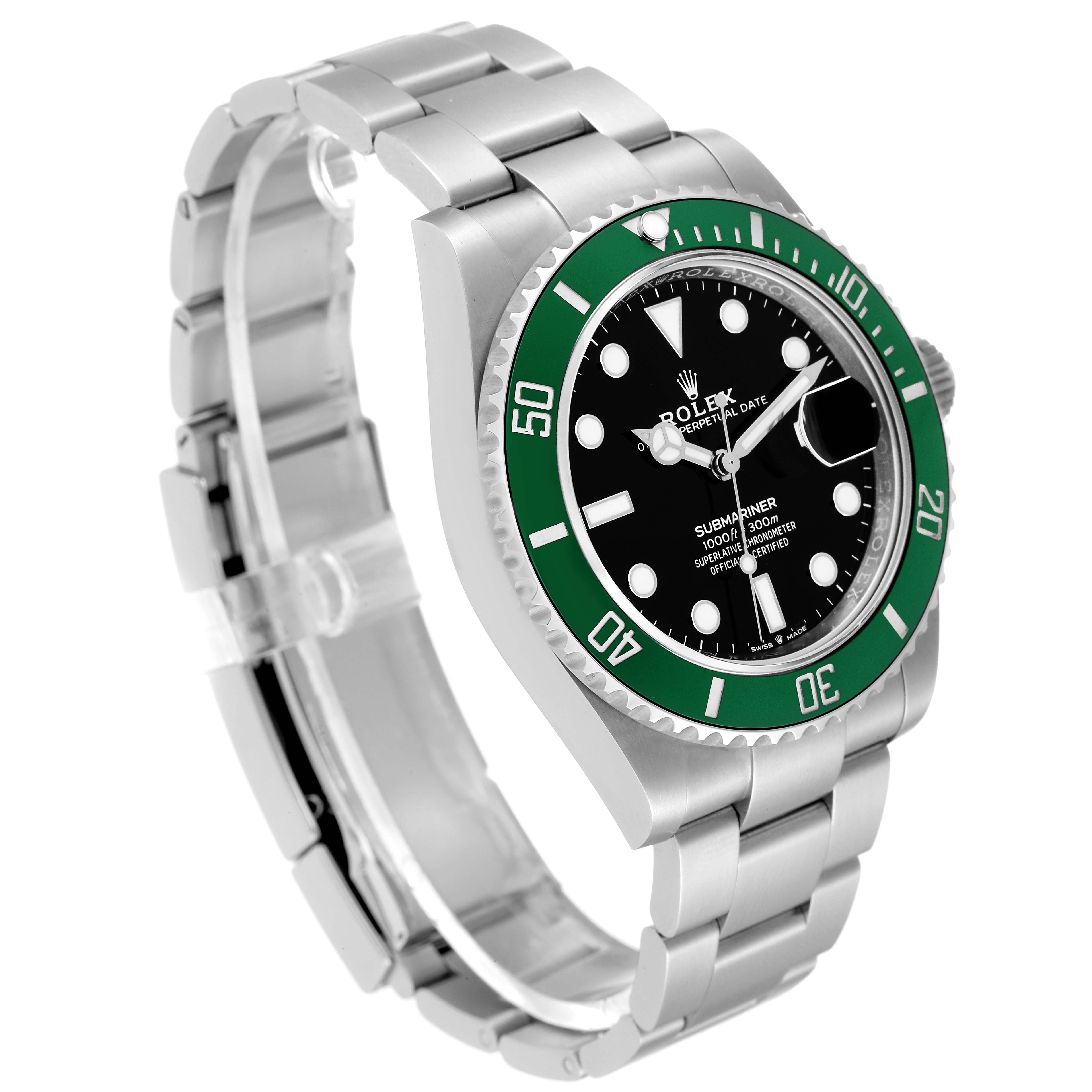 The image shows a Rolex Submariner 126610LV Men's Stainless Steel Black Dial 126610LV Men's Stainless Steel Black Dial watch at a slight side angle, displaying the face, bezel, and bracelet.