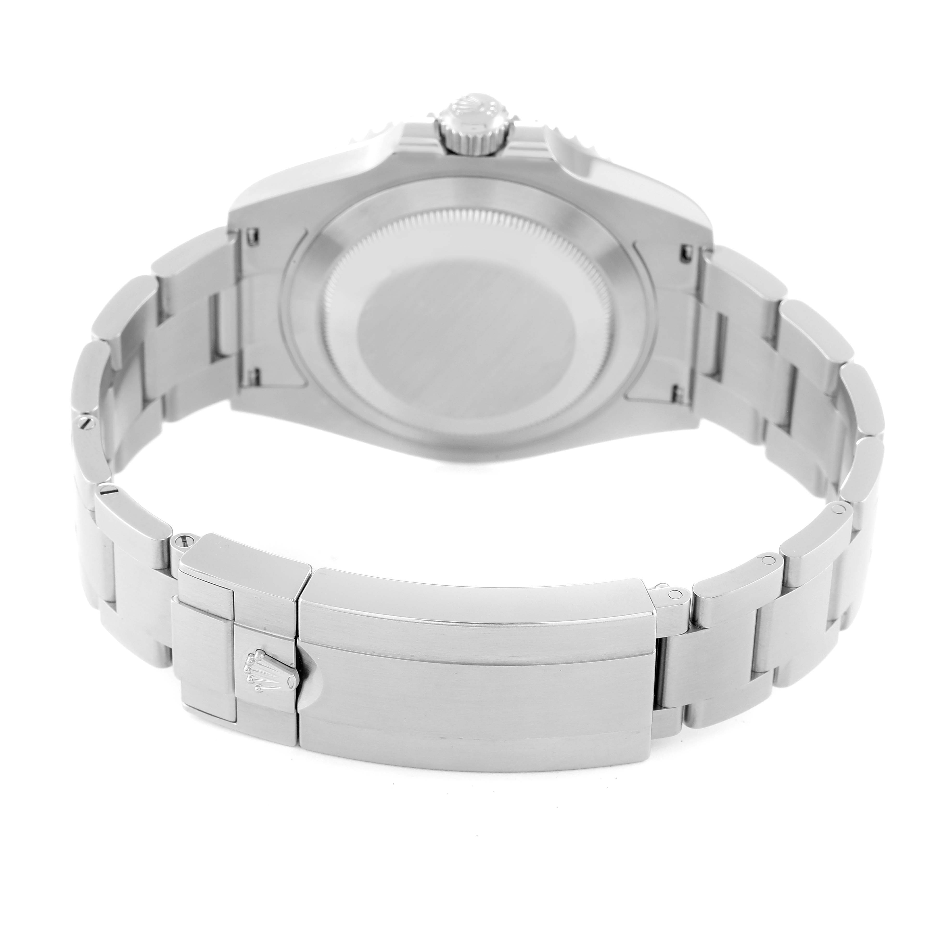 This image shows the back view of a Rolex Submariner 126610LV Men's Stainless Steel Black Dial 126610LV Men's Stainless Steel Black Dial watch, highlighting the case back and bracelet clasp.